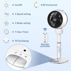 Kozy 9'' Air Circulator Fan 3 Speed 3 Mode, 70° Oscillation 90° Vertical Tilt, Height Adjustable, Remote Controller, for Living Room, Bedroom, Office, Black and White