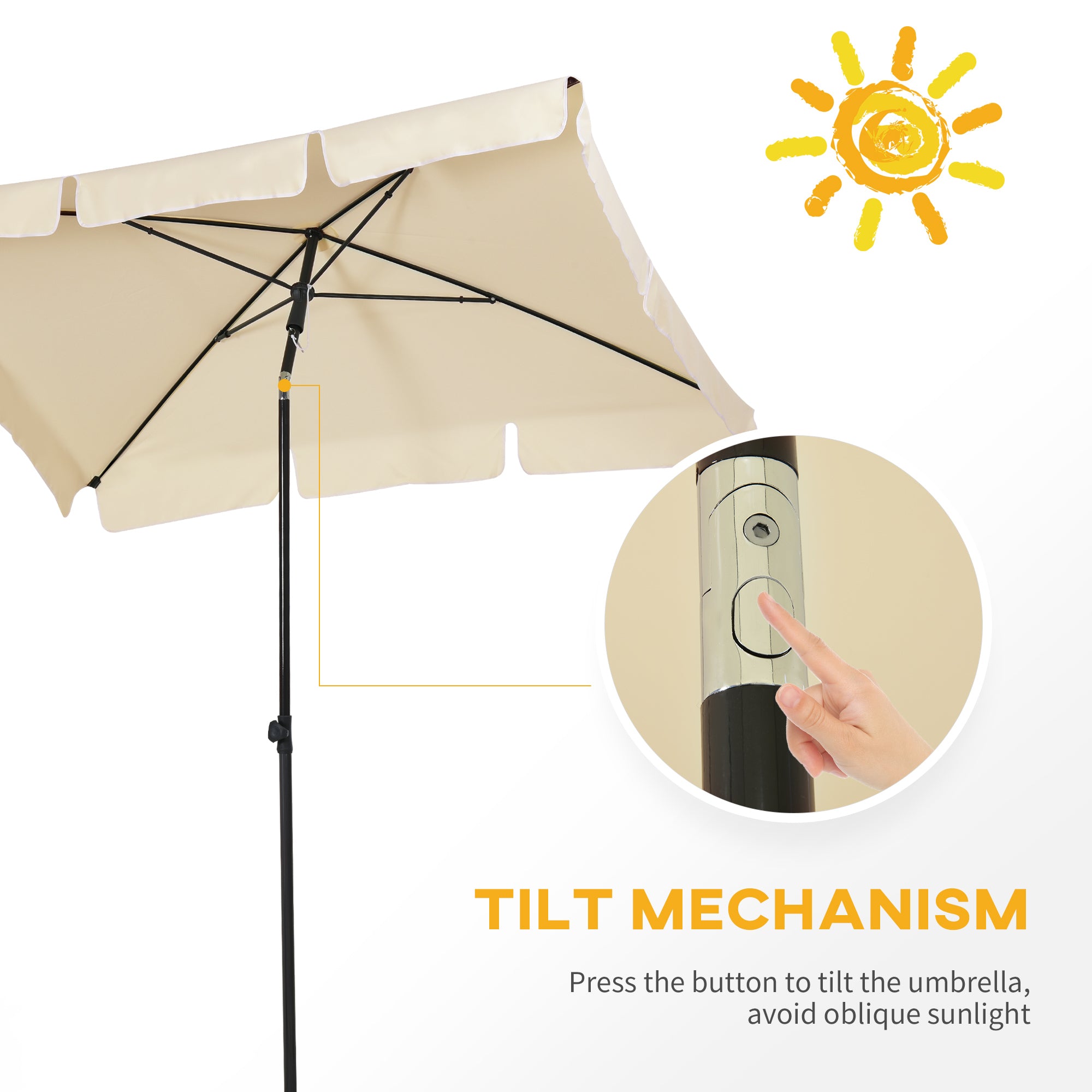 Kozy Garden Parasol Umbrella, Outdoor Market Table Umbrella with Ruffles & Aluminium Pole, Rectangular Tilting Parasol Sun Shade Canopy, 2 x 1.3m, Beige