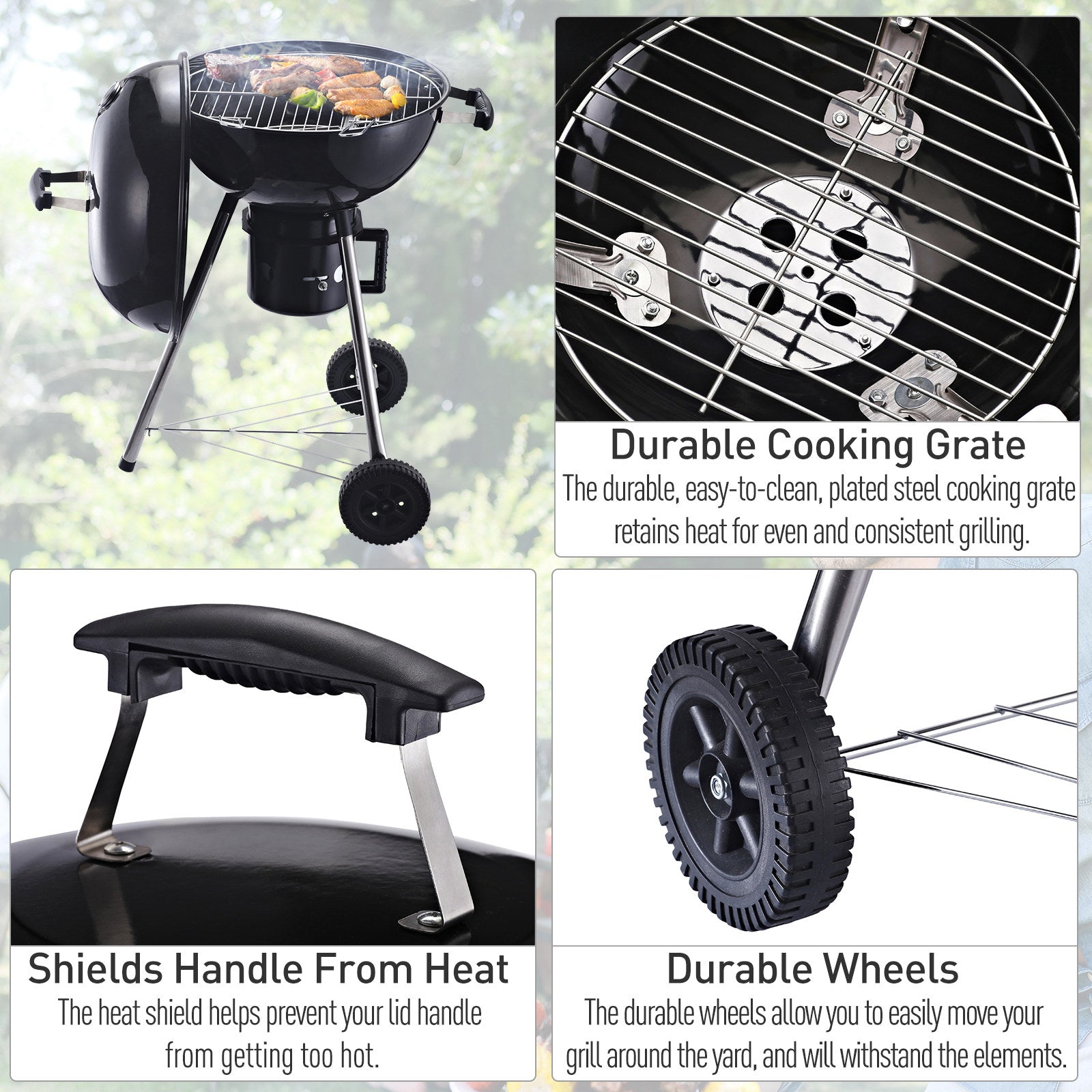 Outsunny Freestanding Charcoal Barbecue Grill Garden Portable BBQ Smoker w/ Wheels, Storage Shelves and On