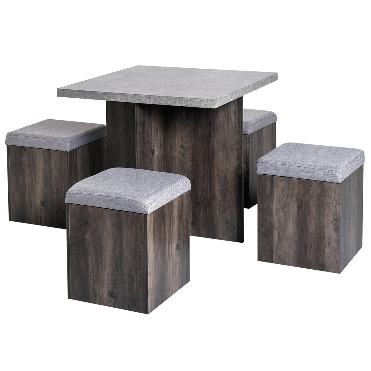 HOMCOM 5PC Dining Set Garden Patio Wooden Set 4 Storage Stools Footrest Ottoman with Cushions + 1 Table Space Saving Design Indoor Outdoor | Aosom UK