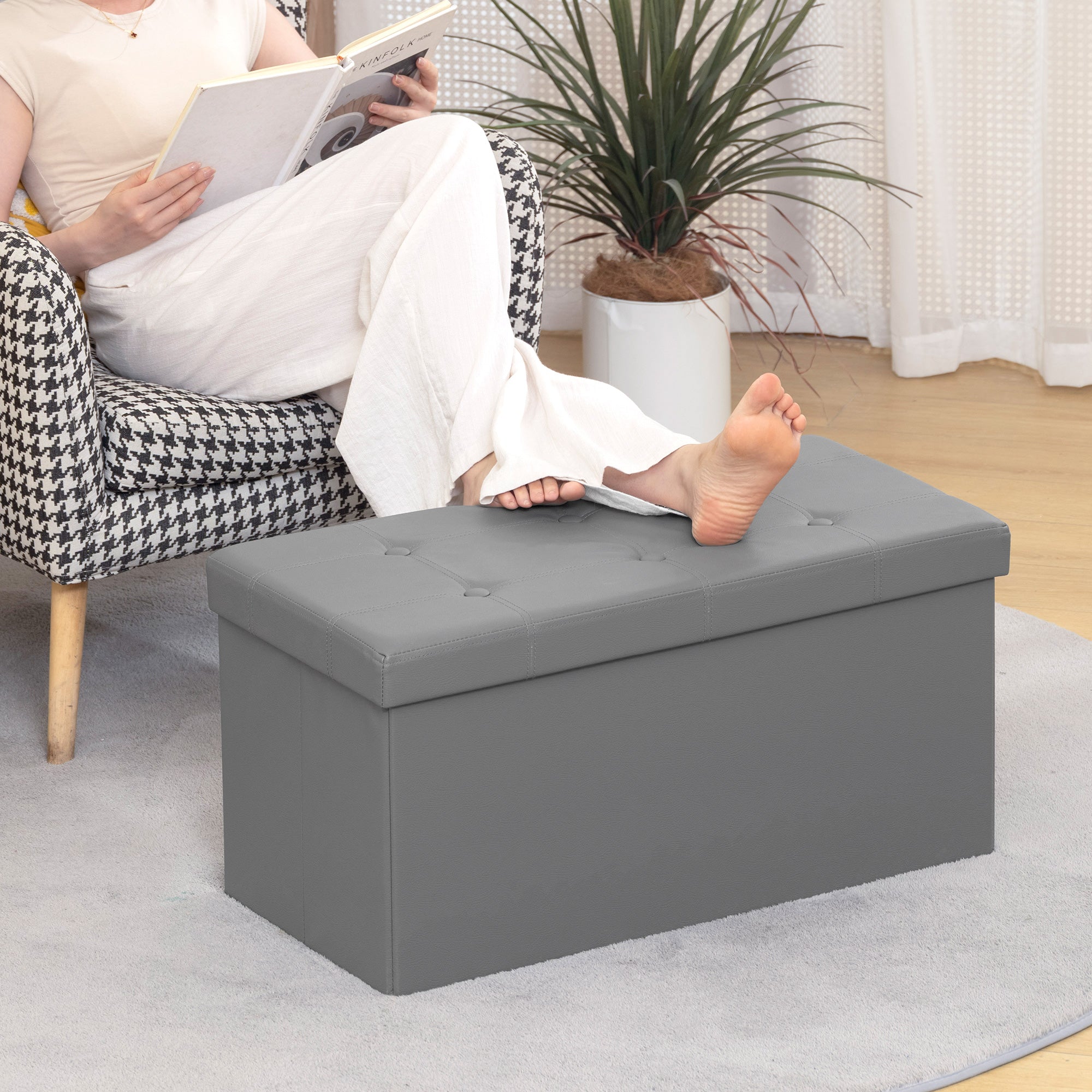 Kozy Storage Ottoman Bench, 89L PU Leather Folding Foot Rest Stool, End of Bed Bench, Easy Assembly, for Living Room, Bedroom, Entryway, Grey