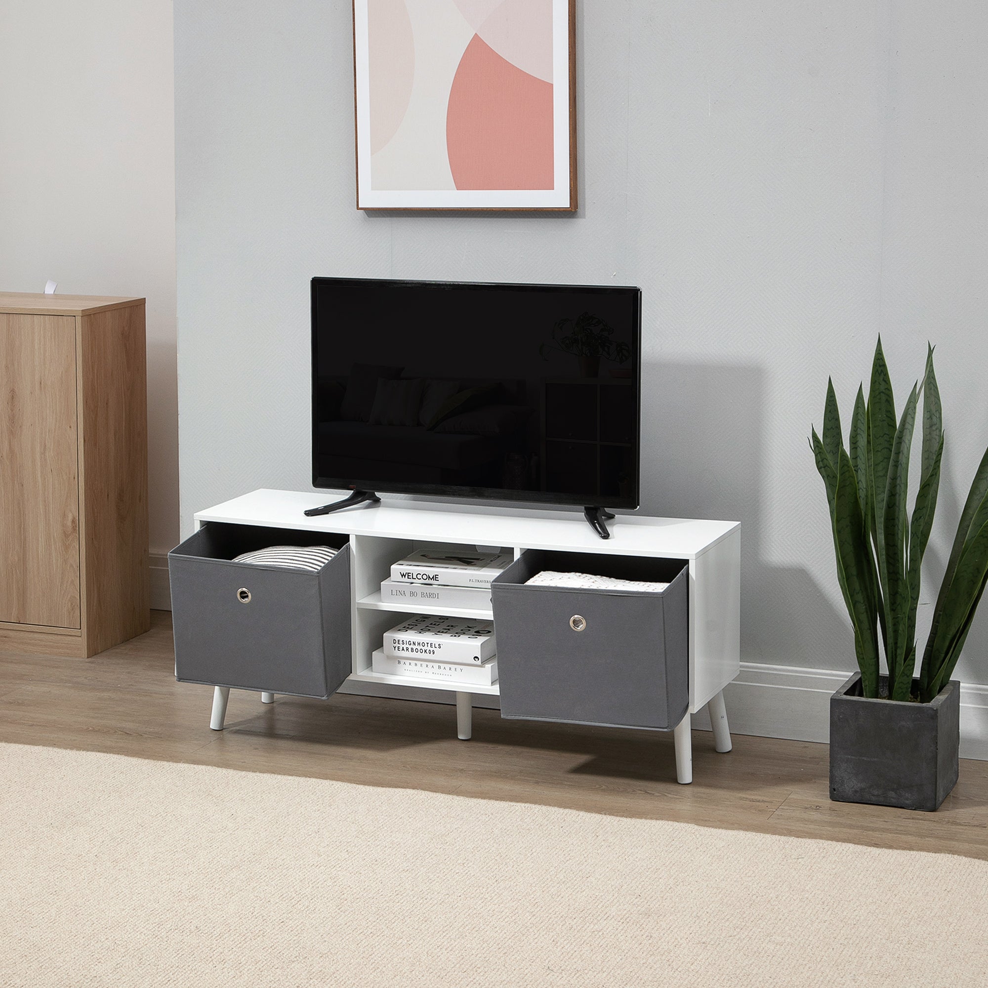 Kozy TV Cabinet Stand Unit for TVs up to 50'' with Foldable Drawers, Entertainment Centre for Living Room White