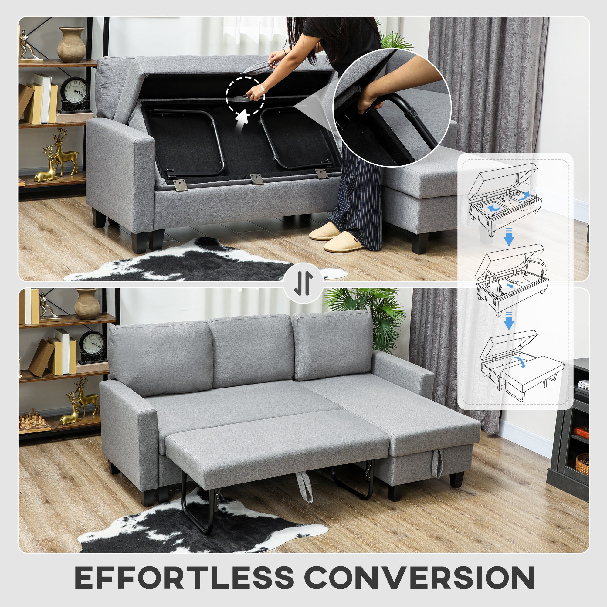 Kozy Three-Seater Storage Sofa Bed - Grey