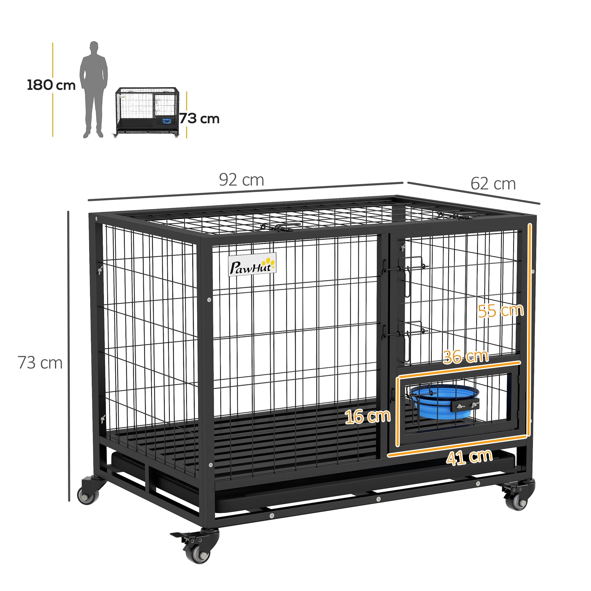 PawHut Heavy Duty Dog Crate on Wheels w/ Bowl Holder, Removable Tray, Detachable Top, Double Doors for L, XL Dogs | Aosom UK