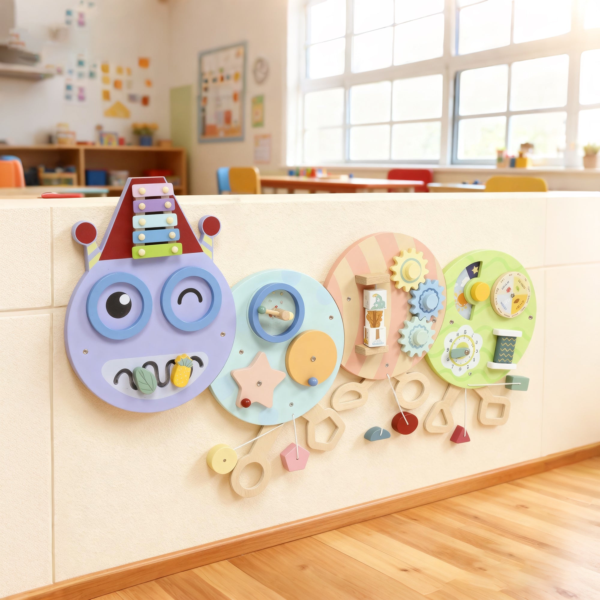 Kozy Caterpillar Busy Board with 7 Activities, for Nursery, Playroom, Home, for 3+ Years