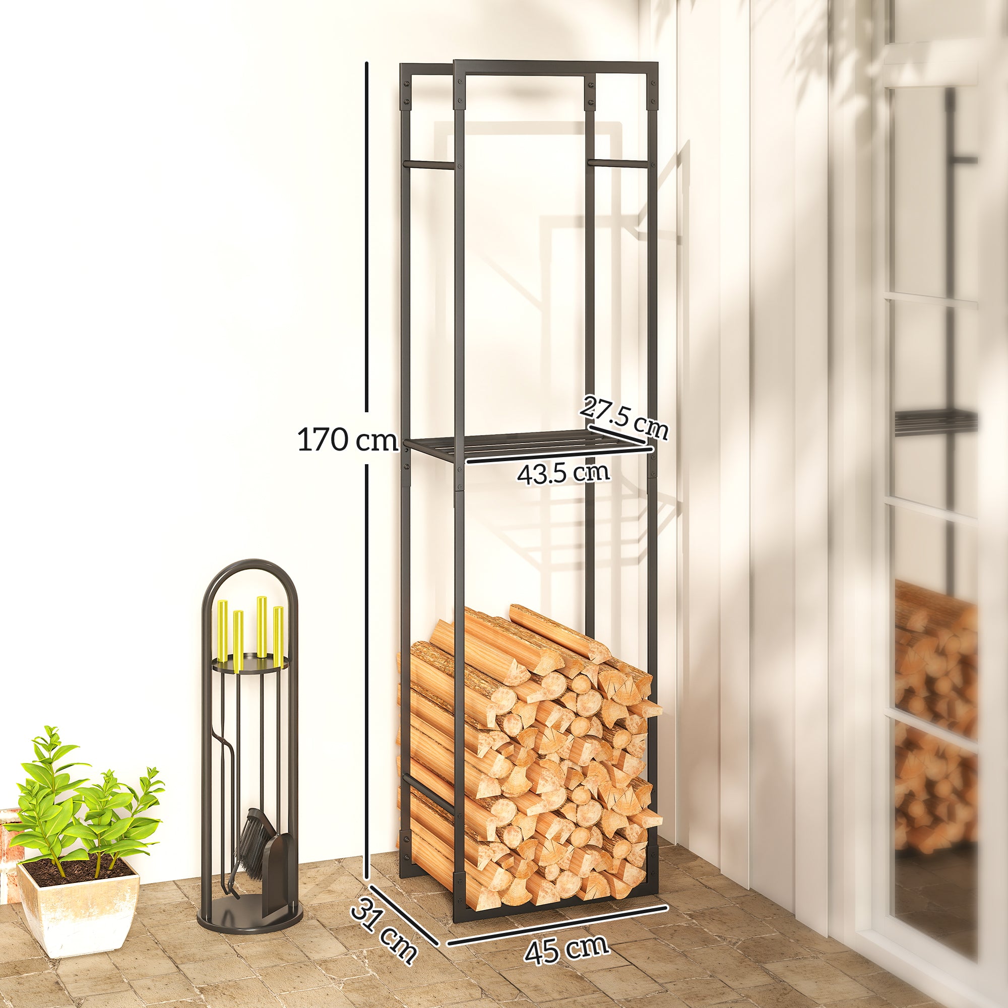 Kozy - Metal Firewood Log Holder, Heavy Duty Firewood Rack with Adjustable Shelf, Indoor Outdoor Fireplace Wood Storage Shelf, 45 x 31 x 170 cm, Black