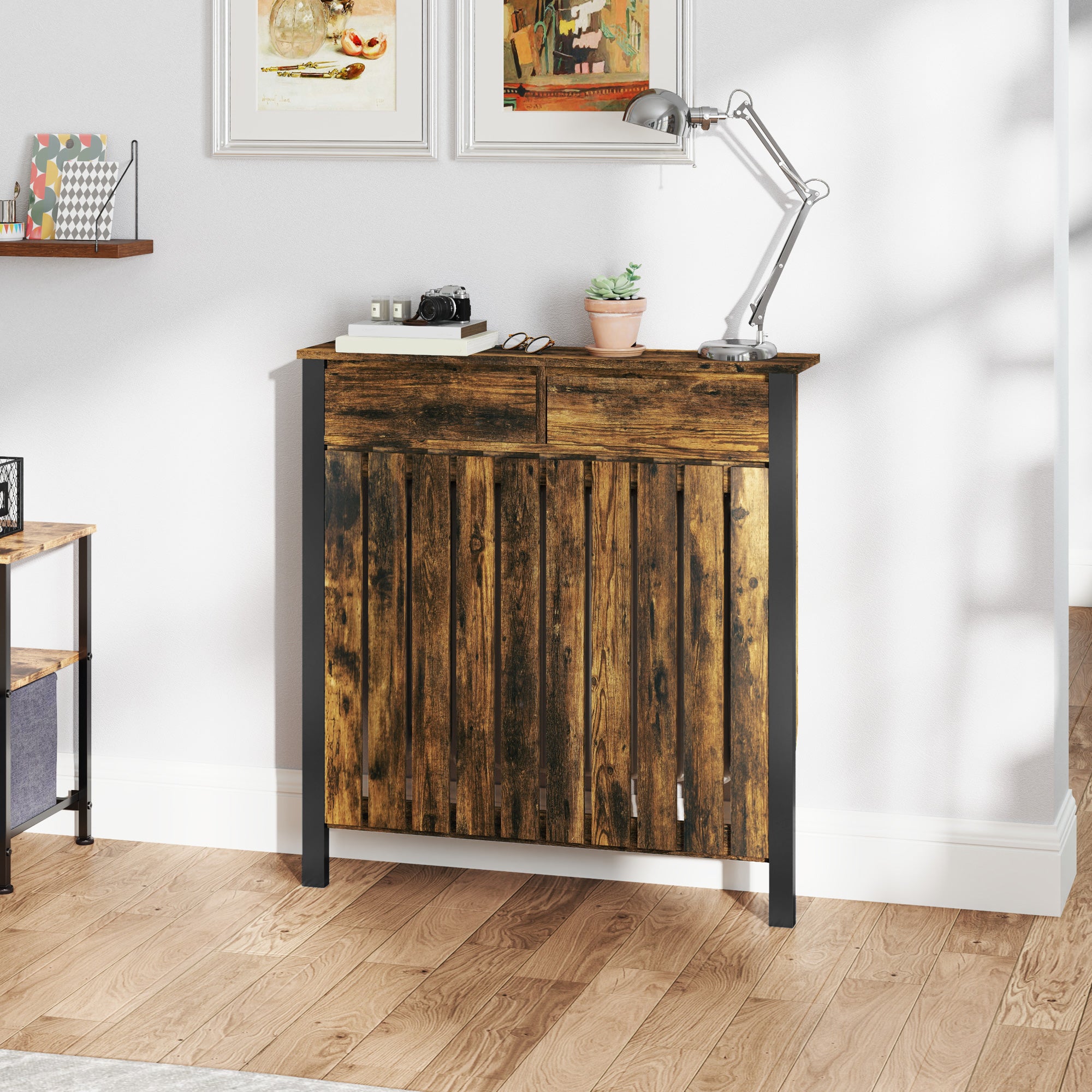 Kozy - 93 x 88.5cm Rustic-Look Radiator Cover - Brown/Black