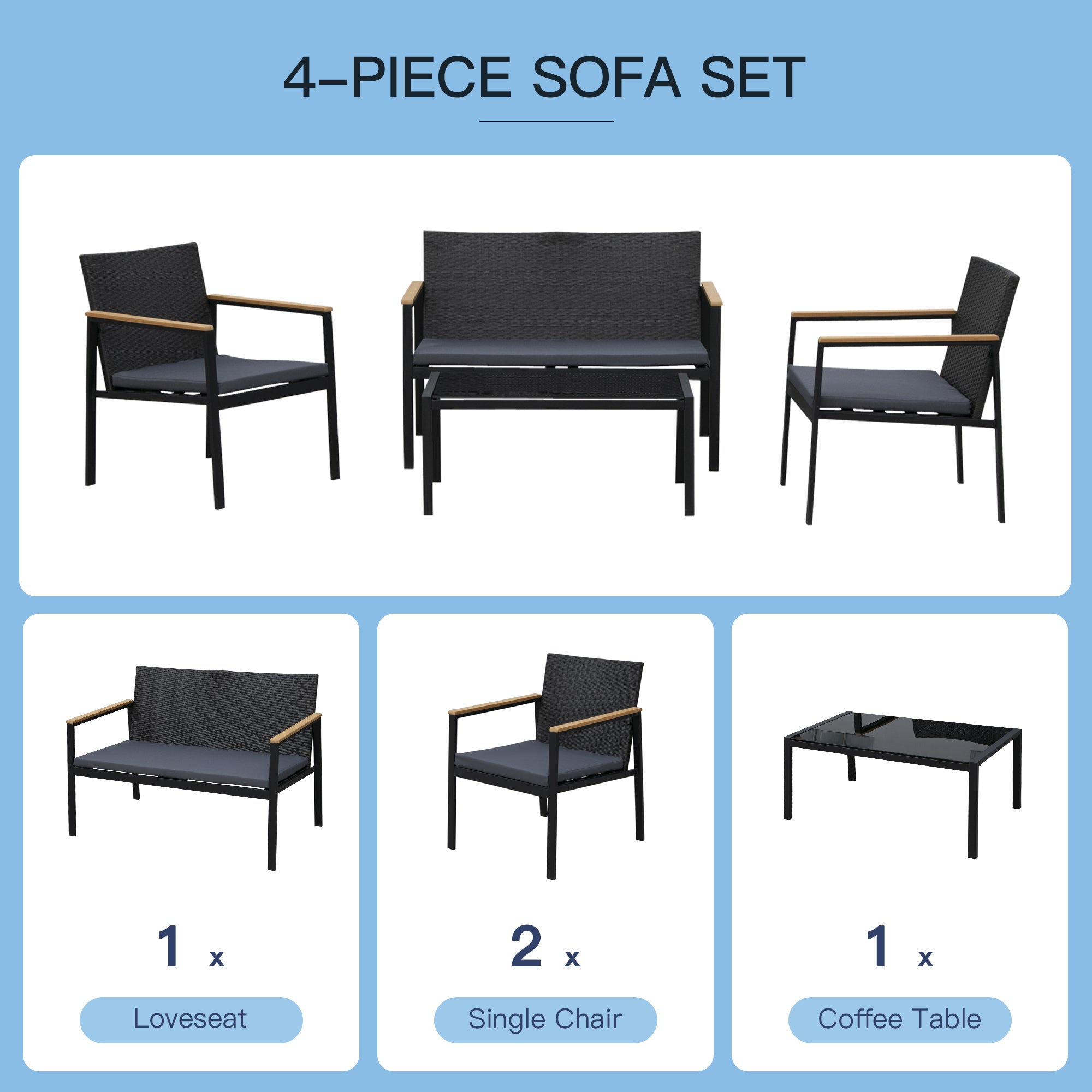 Kozy 4 Pieces Rattan Garden Furniture Set, 4 Seater Garden Sofa Set with Loveseat, 2 Armchairs and Glass Top Coffee Table, Wicker Outdoor Conservatory Furniture with Cushions for Patio, Black