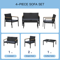 Kozy 4 Pieces Rattan Garden Furniture Set, 4 Seater Garden Sofa Set with Loveseat, 2 Armchairs and Glass Top Coffee Table, Wicker Outdoor Conservatory Furniture with Cushions for Patio, Black