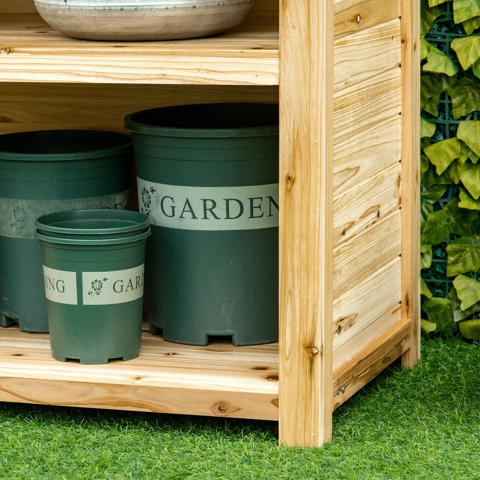 Kozy Garden Potting Bench Table, Wooden Workstation Bench w/ Galvanized Metal Tabletop, Storage Shelves and Hooks, Natural