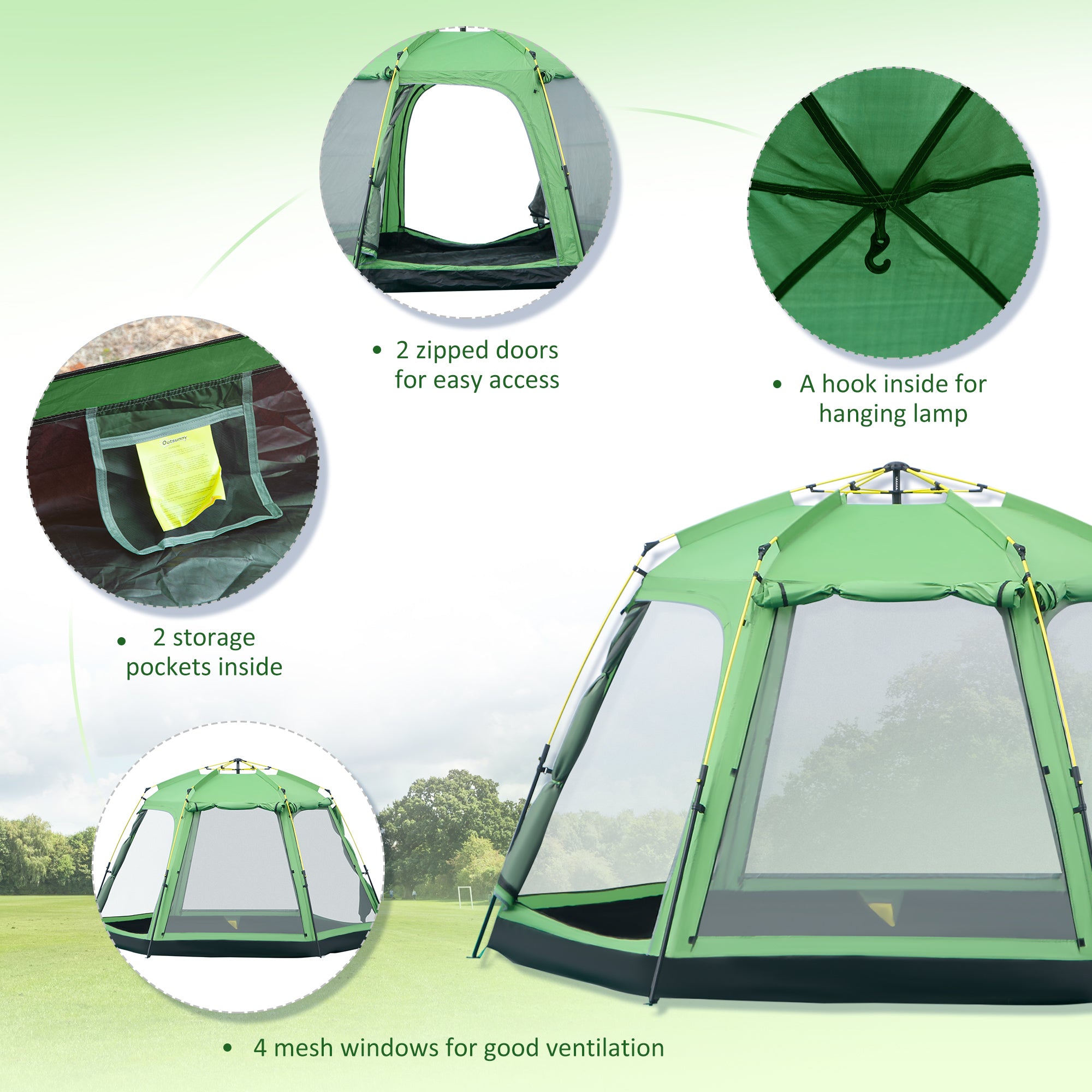 Kozy 6 Person Pop Up Camping Tent, 2-Tier Design Backpacking Tent with 4 Windows 2 Doors Portable Carry Bag for Fishing Hiking, Green