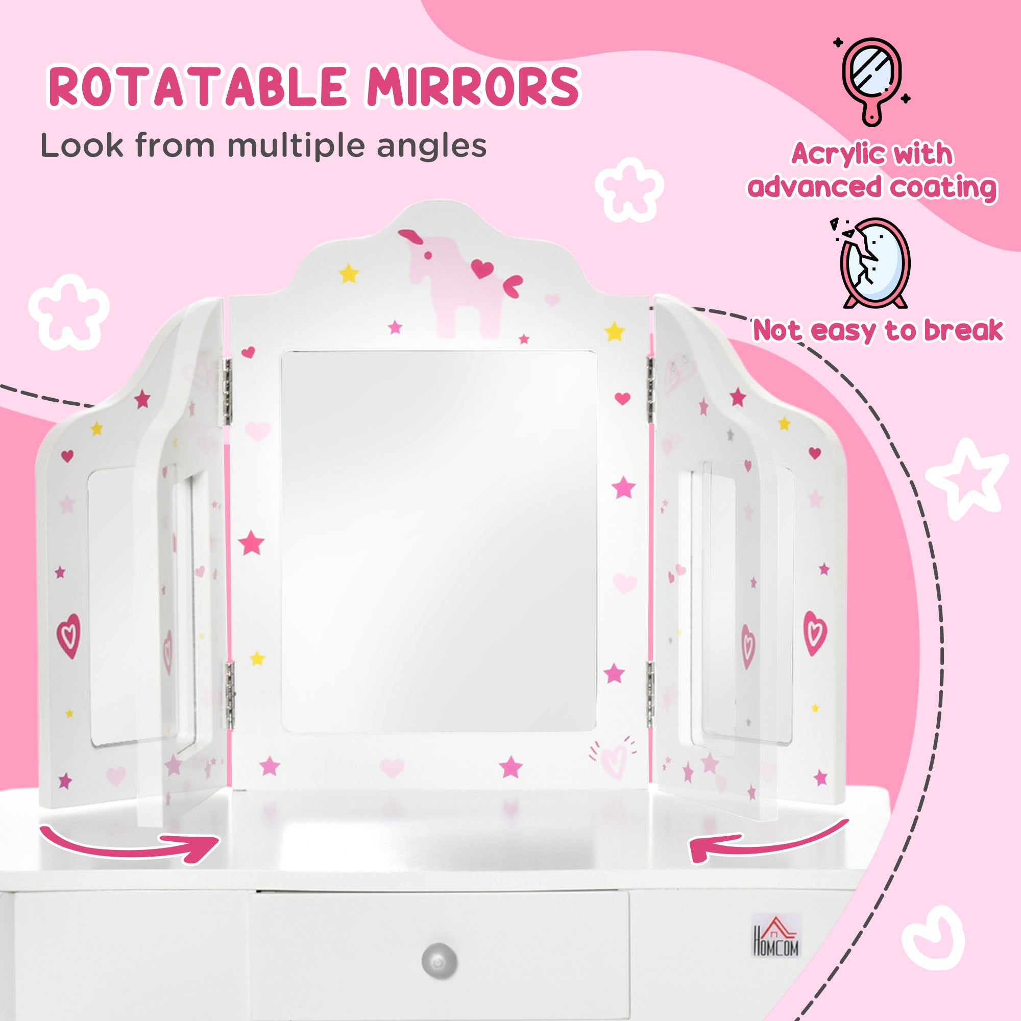 Kozy Kids Vanity Table and Chair Set with Tri-Folding Mirror and Stool, Makeup Dressing Table with Drawer, White