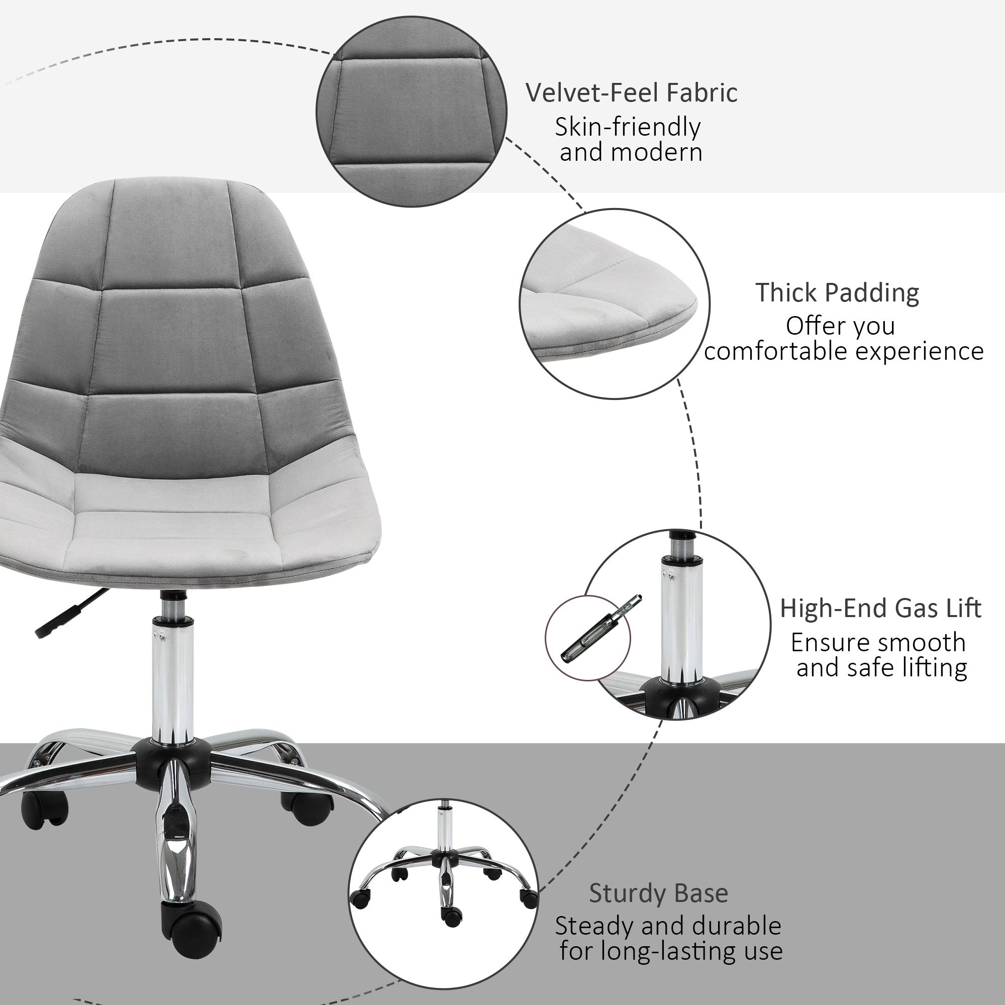 Kozy Ergonomic Office Chair with Adjustable Height and Wheels Velvet Executive Chair Armless for Home Study Bedroom Grey
