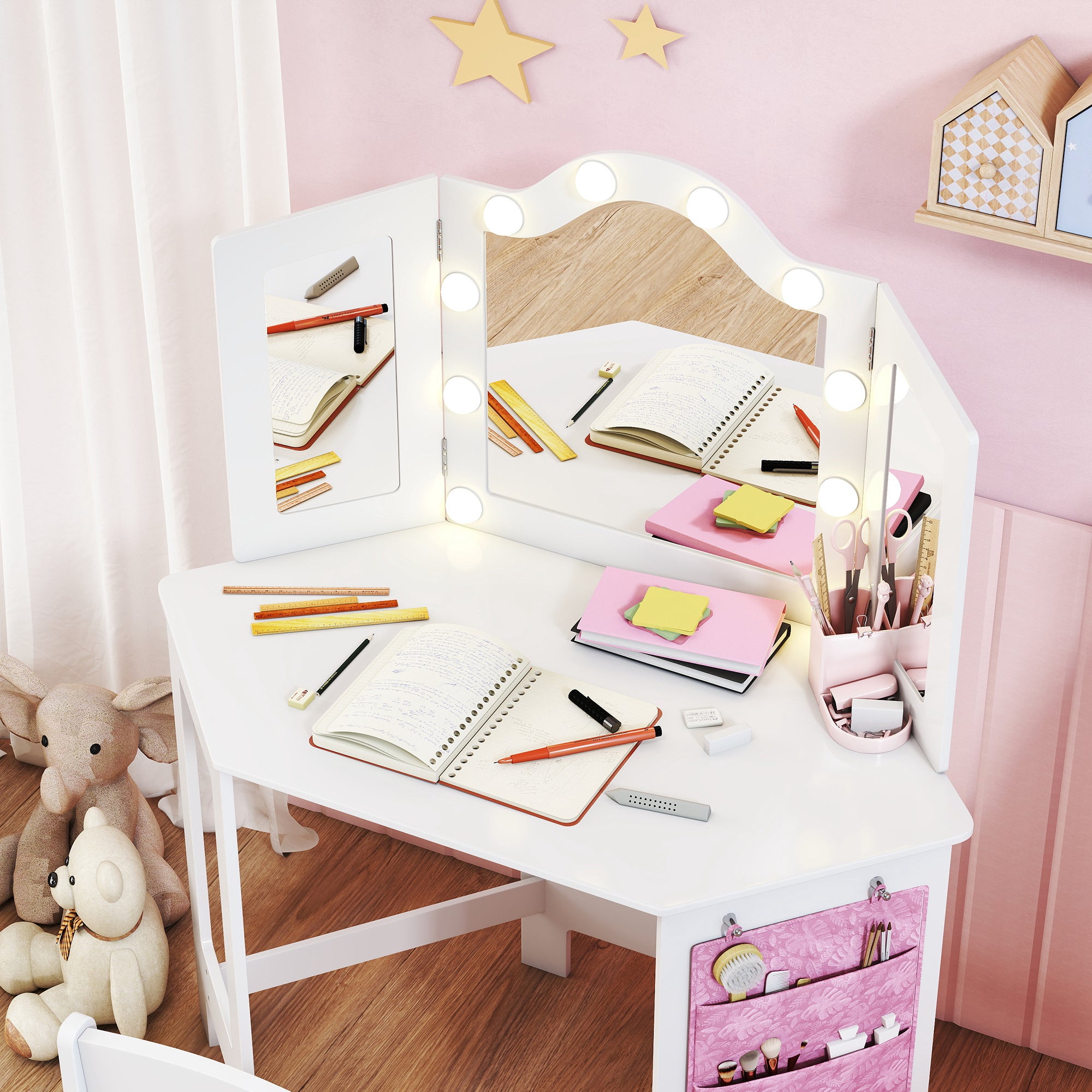 Kozy Kids Dressing Table and Stool Set, Girls Vanity Table with 2-Colour LED Lights, Tri-Folding Mirror, White