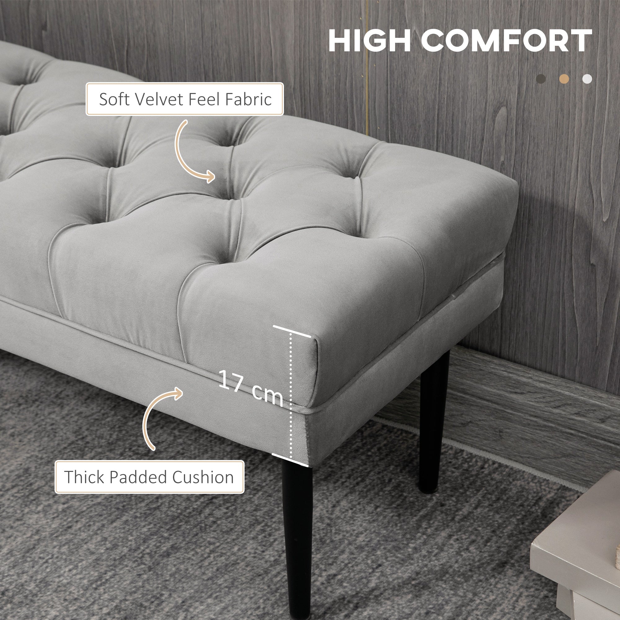 Kozy Velvet Bed End Bench, Button Tufted Window Seat, Hallway Shoe Bench, Upholstered Accent Lounge Chair Stool for Living Room, Bedroom, Grey