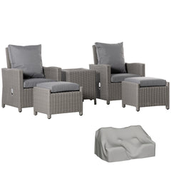 Kozy 5 Pieces Outdoor PE Rattan Garden Furniture with Cushions, Patio Lounge Adjustable Backrest Chairs, Footstools and Cooler Bar Coffee Table & Cover, Grey