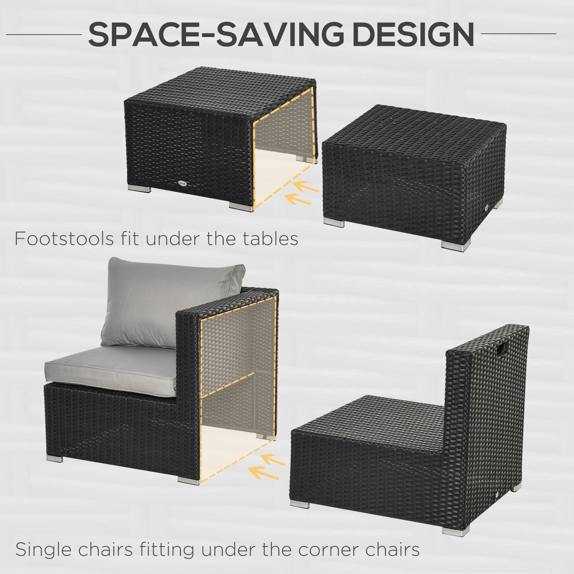 Kozy 8 Pieces PE Rattan Sofa Set with Cushions, Garden Corner Sofa with 4 Seater Sofa, 2 Footstools and 2 Coffee Table Set, Space-saving Design, No Assembly Required, Black