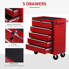 Kozy 5 Drawer Tool Box on Wheels, Lockable Steel Tool Cabinet with Side Handle, Red