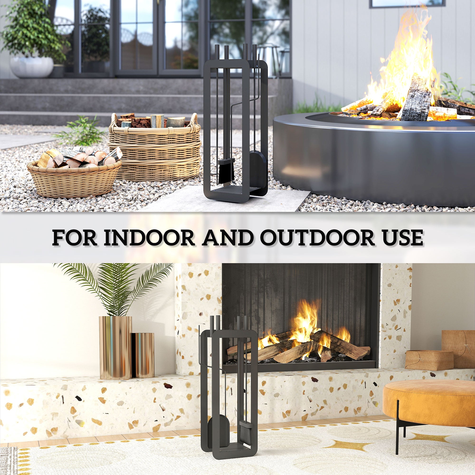 Kozy - 5 Pieces Fireplace Companion Set, Metal Fireplace Accessories Fireside Companion Set with Brush, Shovel, Poker, A Pair of Tongs, Stand, Black