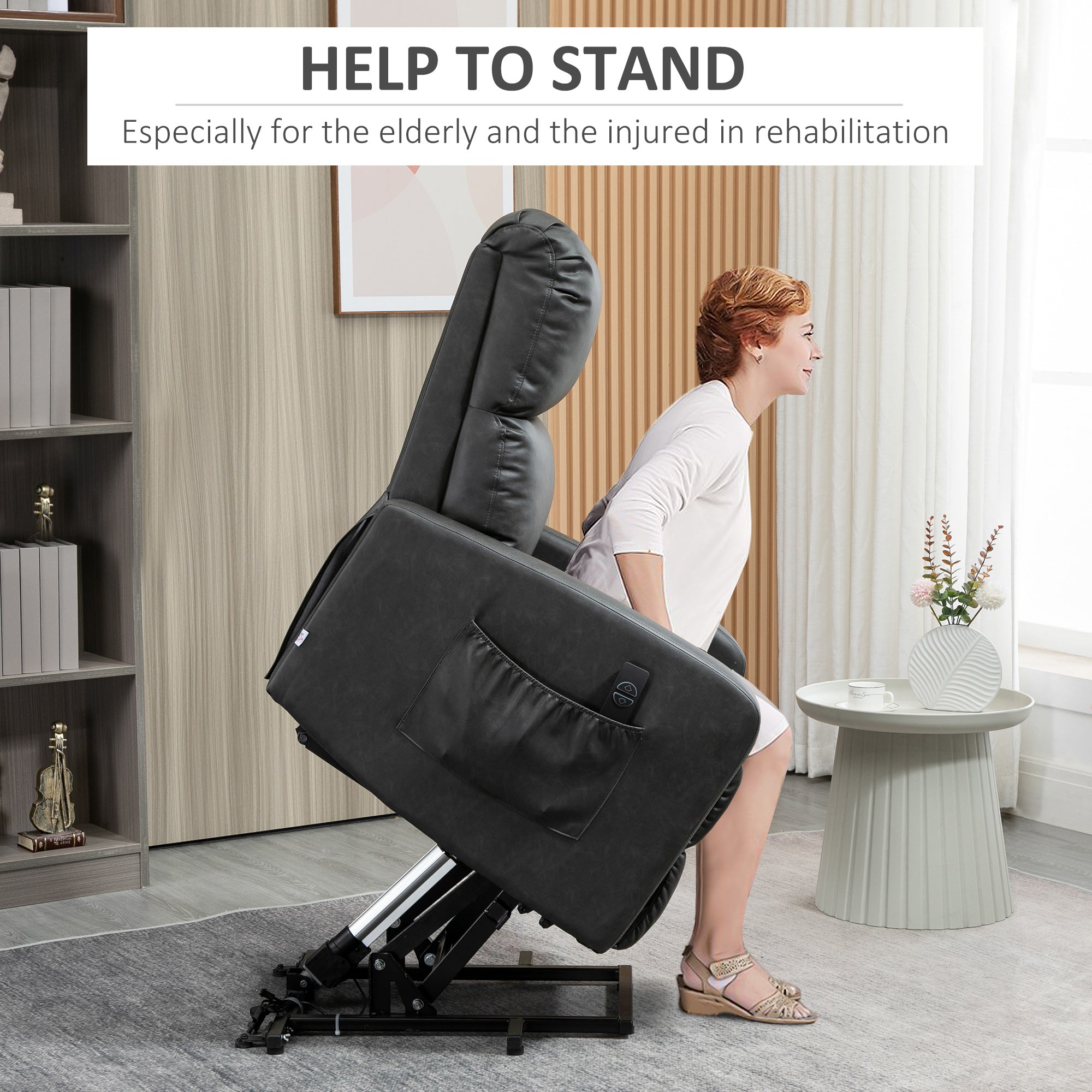 Kozy Riser and Recliner Chair for the Elderly, PU Leather Upholstered Lift Chair for Living Room with Remote Control, Side Pockets, Charcoal Grey