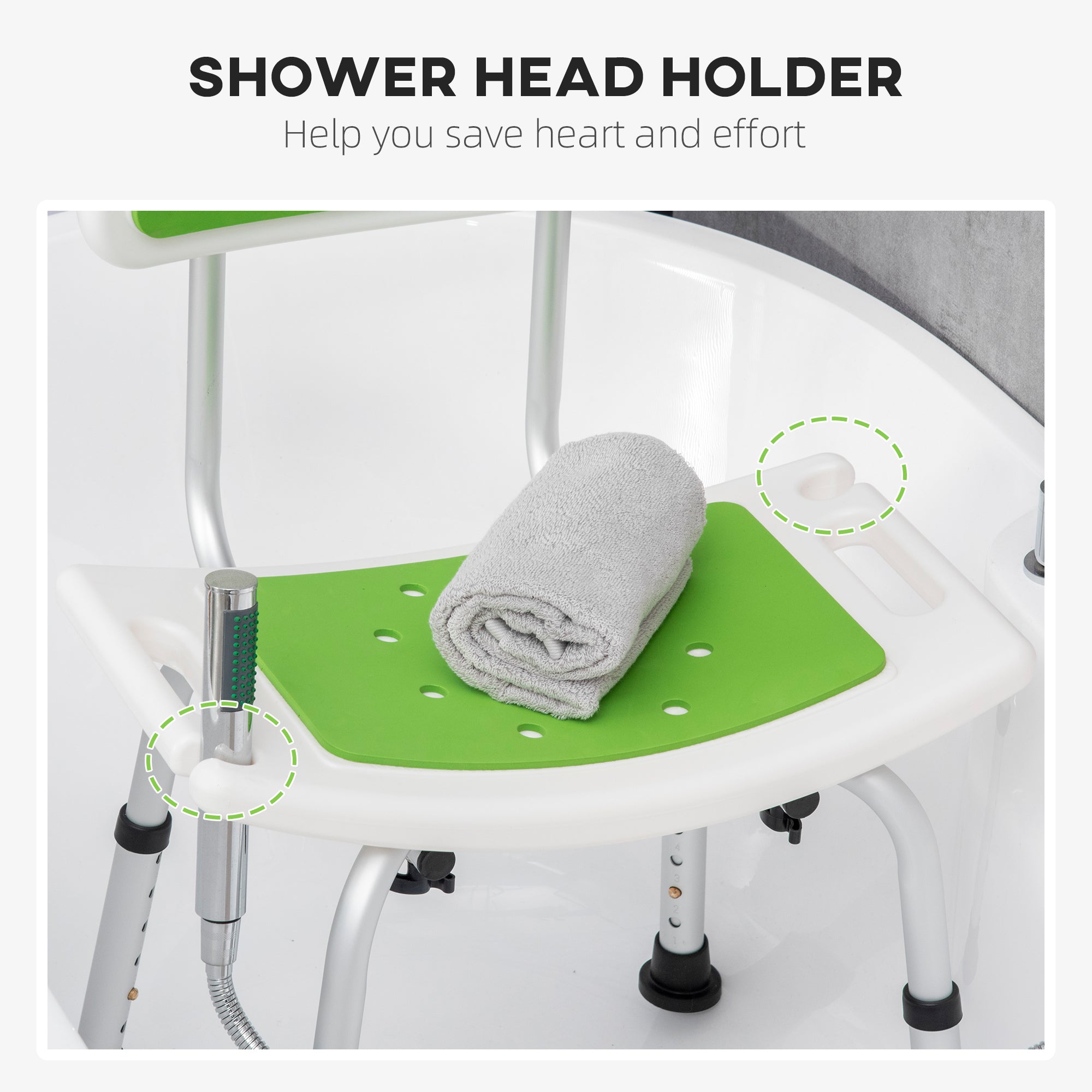 Kozy Shower Stool with Backrest, Height Adjustable Shower Chair with Anti-slip Foot Pads, Shower Head Holder, Green