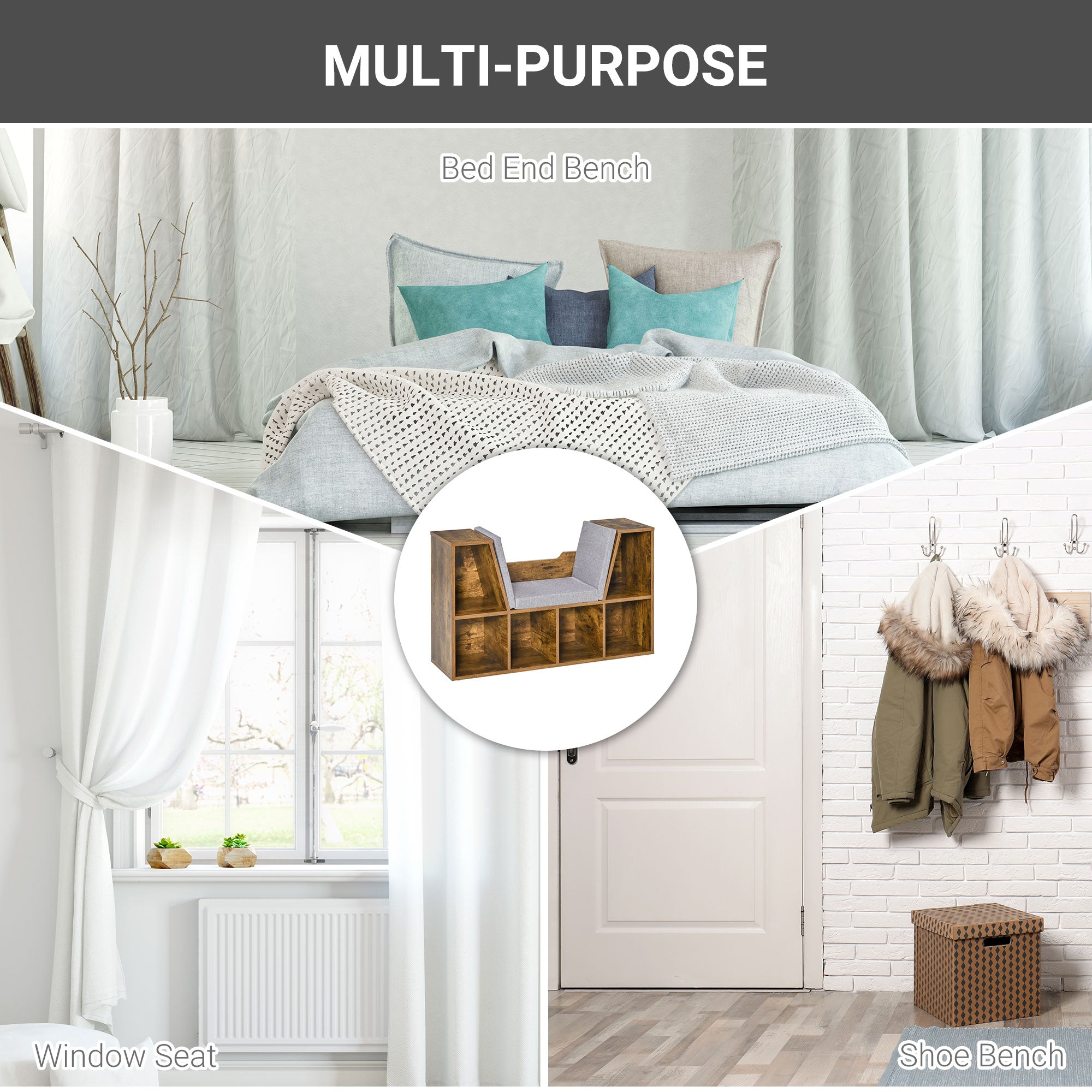 Kozy Bookcase Storage Shelf with Cushioned Reading Seat, Cube Bookshelf Organizer for Bedroom Living Room, Rustic Brown