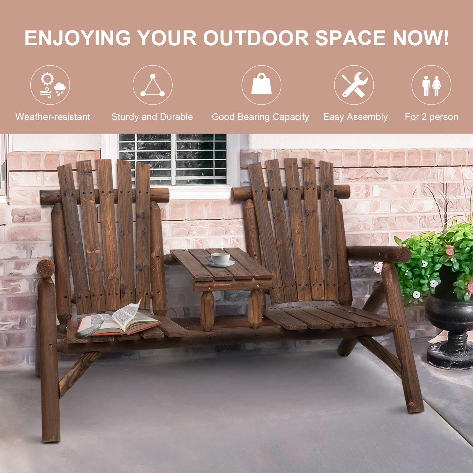 Kozy Wood Patio Chair Bench 2 Seats Jack and Jill Seat w/ Center Coffee Table, Garden Bench, Carbonized