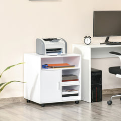 HOMCOM Mobile Printer Stand with Multiple Storage, Office Desk Side Unit on Wheels, Modern Design, 60L x 50W x 65.5H cm, White