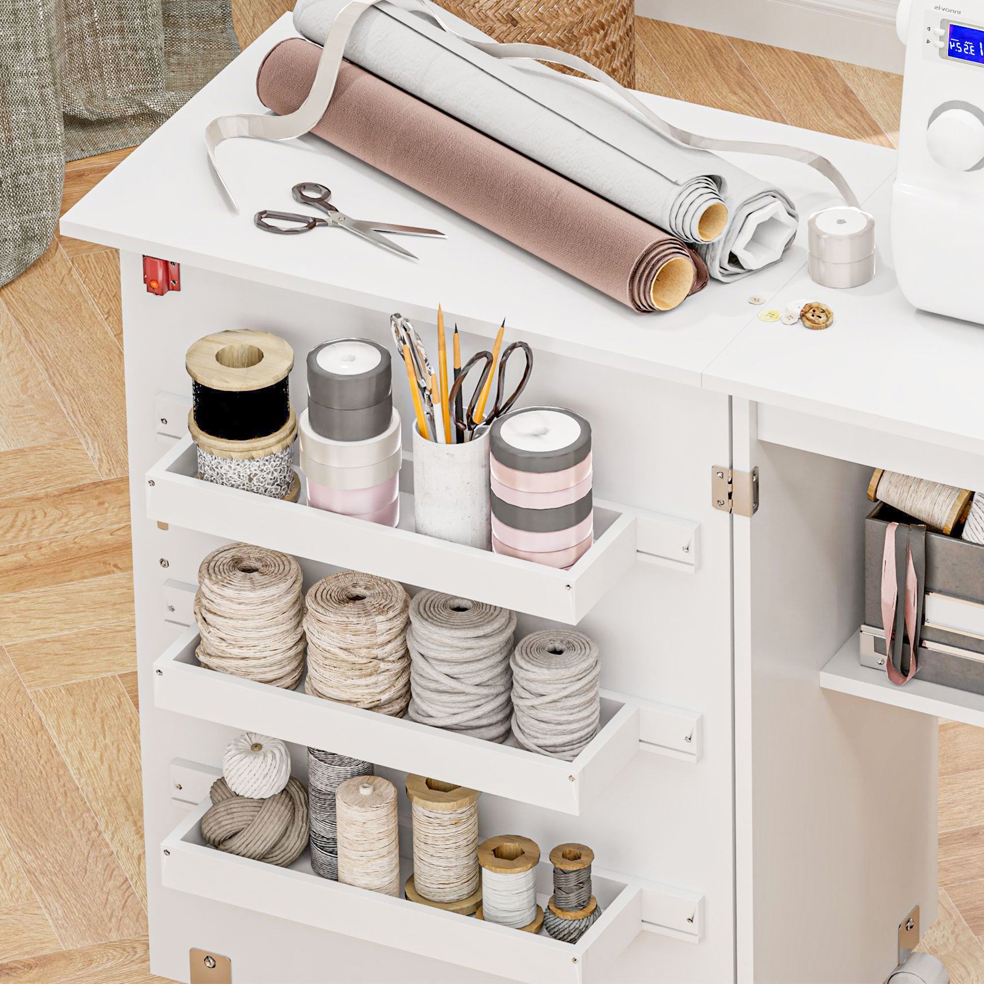 Kozy - Folding Sewing Table, Drop Leaf Craft Table with Storage Bins, Open Shelf and Wheels, Rolling Sewing Machine Cabinet Computer Desk for Small Space, White