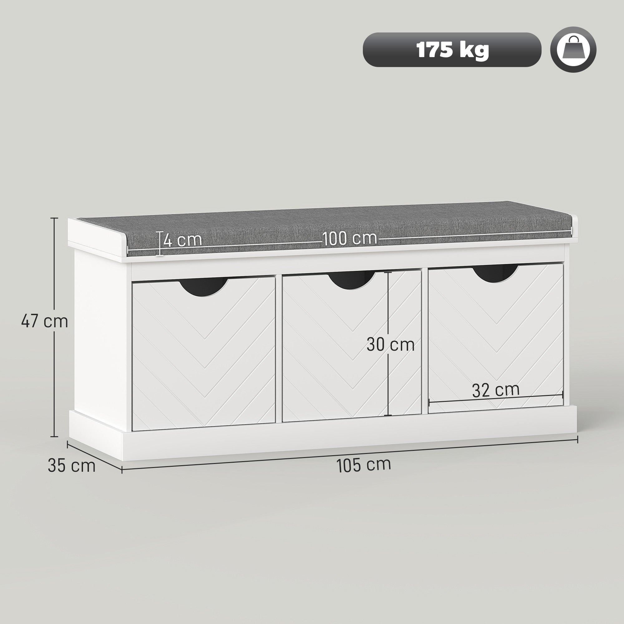 Kozy Three-Drawer Shoe Bench, with Seat - White