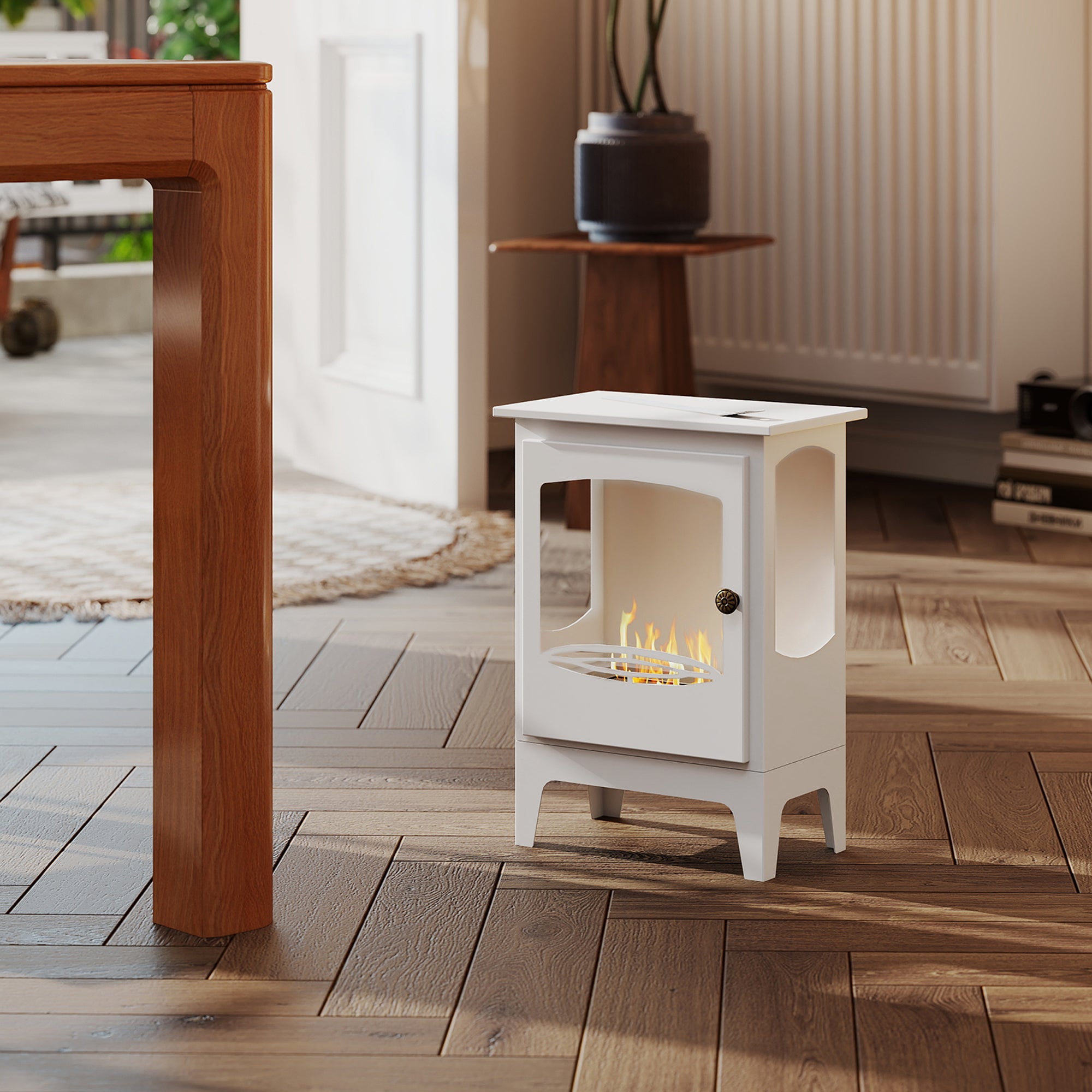 Kozy - Freestanding Ethanol Fireplace, Steel Bioethanol Fireplace with Stainless Steel Flame Snuffer, 1.2L Tank, 3 Hours Burning Time for Indoor, White