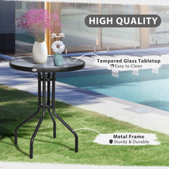 Outsunny Round Metal Garden Table, 60cm Diameter Tempered Glass Top, Outdoor Patio Furniture, Black