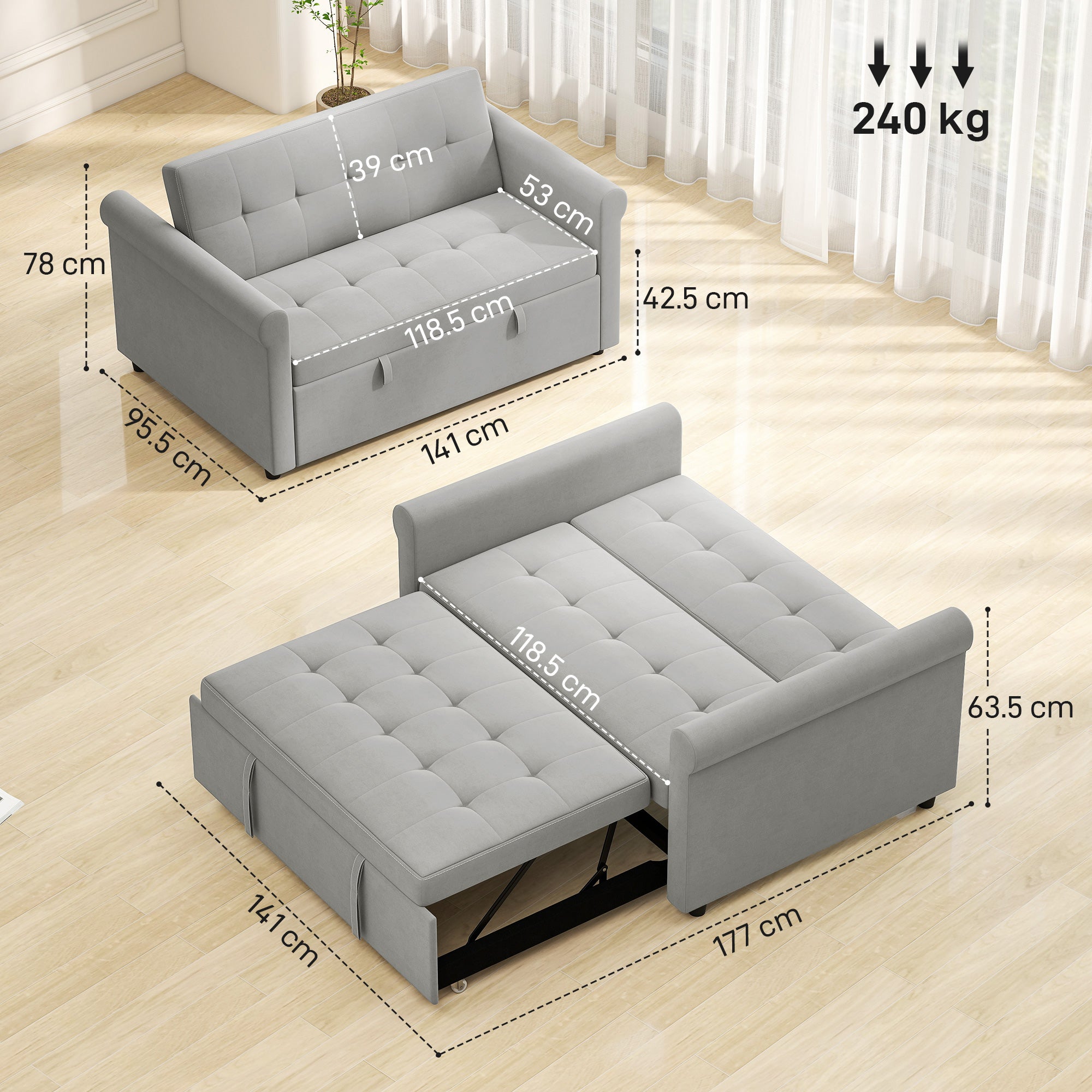 Kozy - Two-Seater Velvet-Feel Sofa Bed - Grey