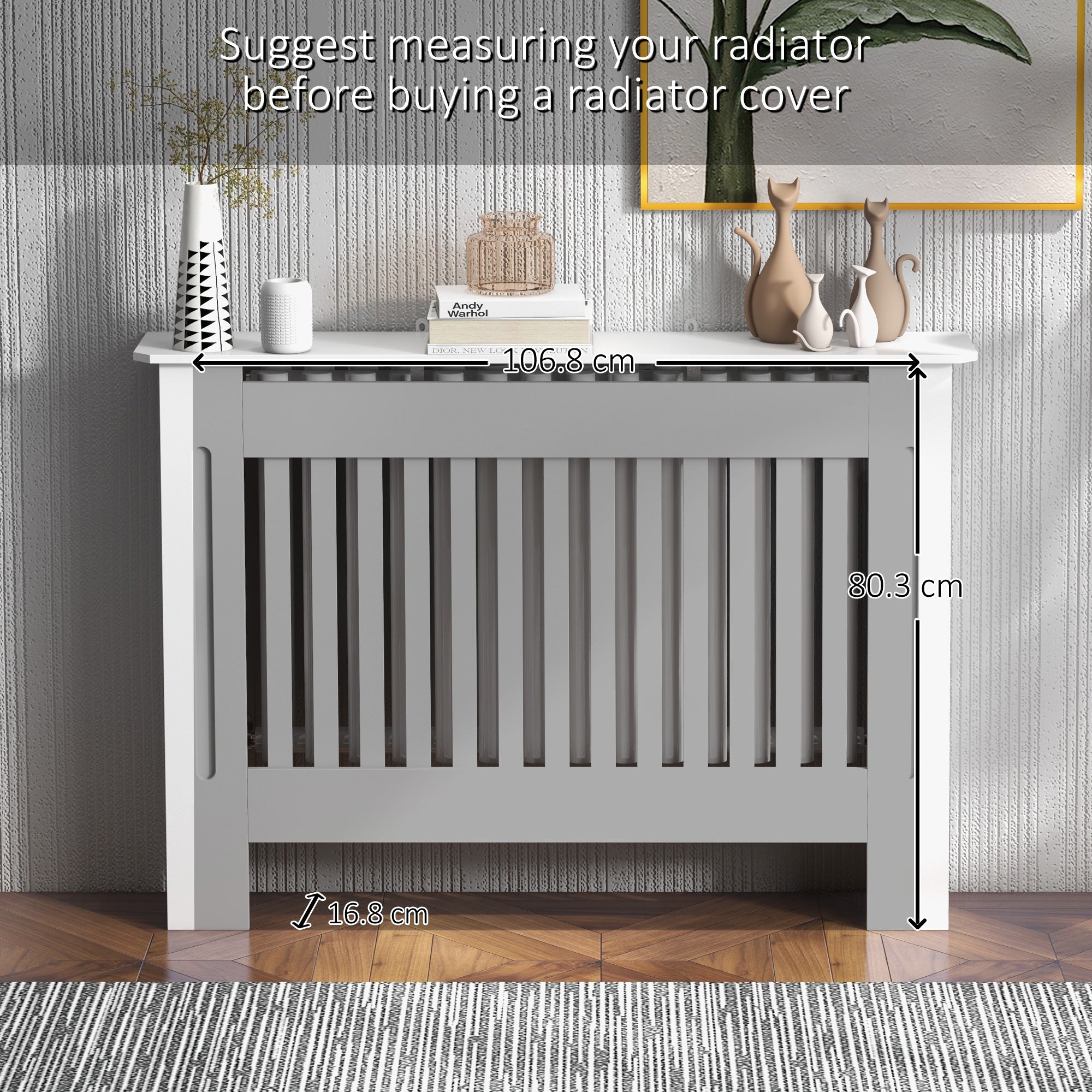 Kozy Slatted Radiator Cover Painted Cabinet MDF Lined Grill in White (112L x 19W x 81H cm)