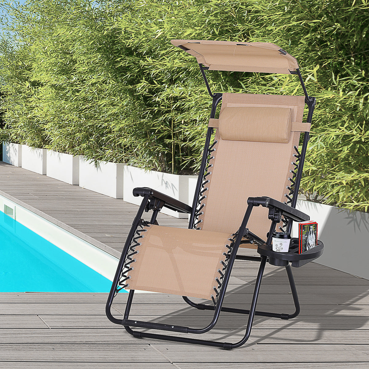 Outsunny Zero Gravity Recliner Chair with Canopy Shade and Cup Holder, Folding Patio Sun Lounger, Beige