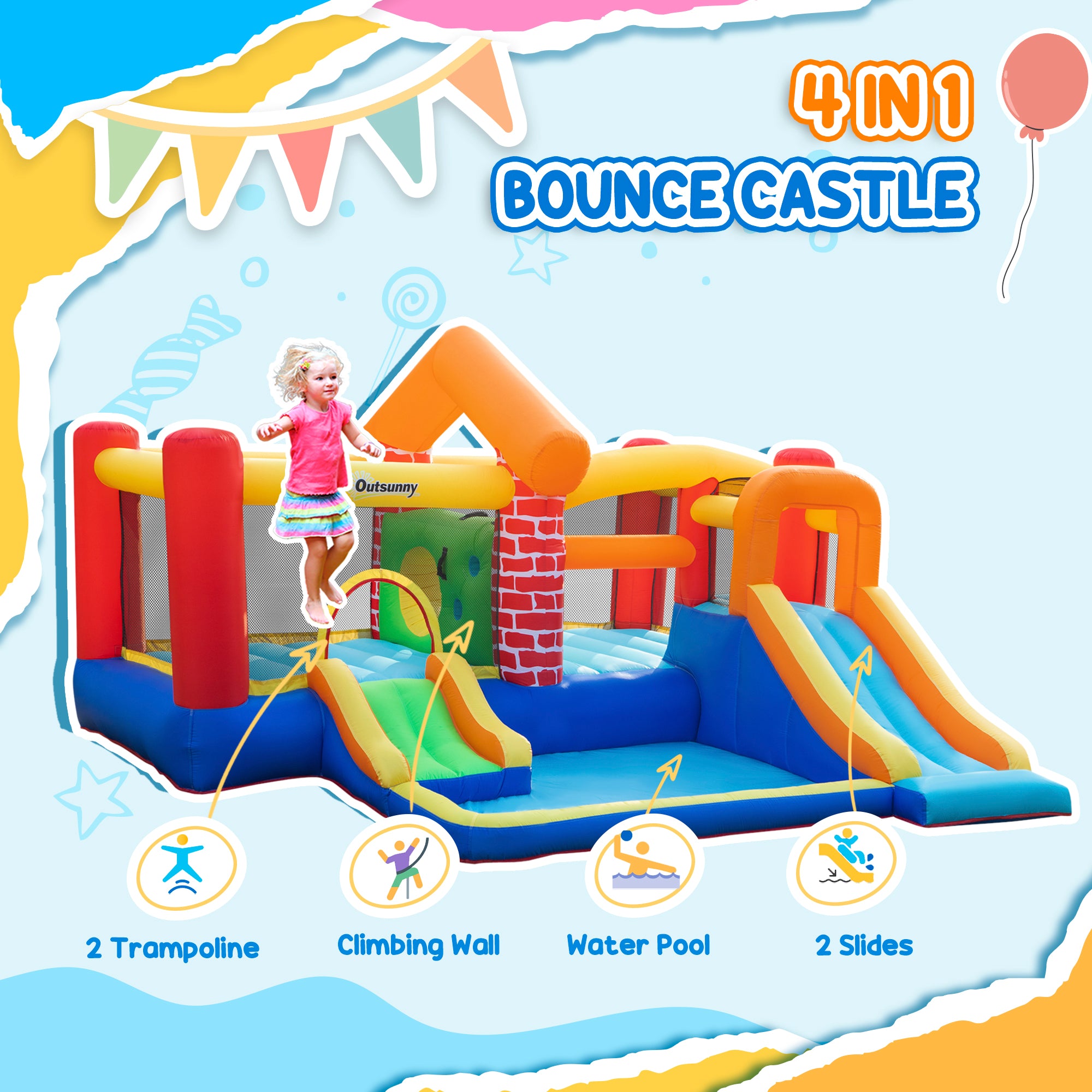 Kozy 4 in 1 Kids Bouncy Castle Extra Large Double Slides & Trampoline Design Inflatable House Pool Climbing Wall with Blower Carrybag for Kids Age 3-8, 3.8 x 3.7 x 2.3m