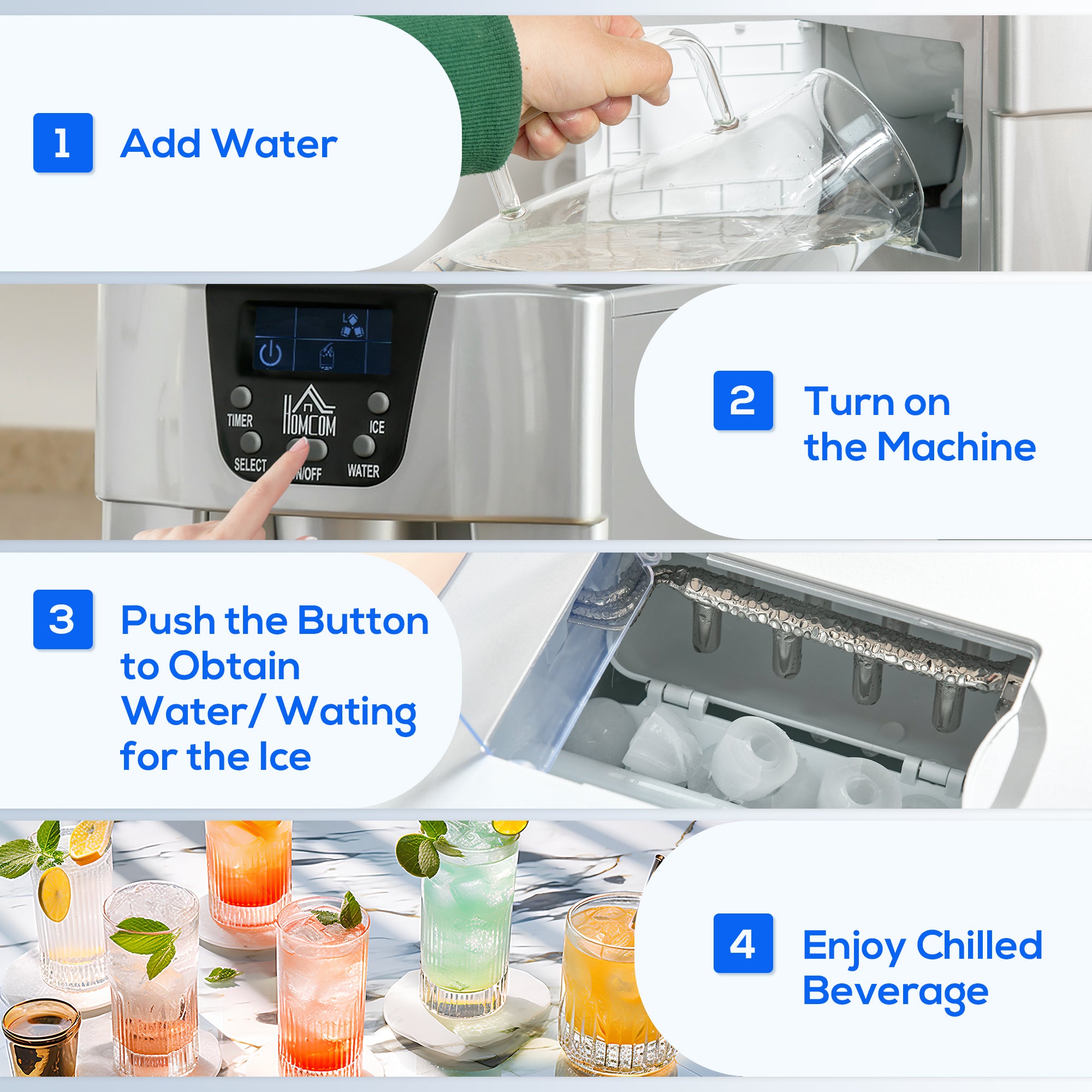 Kozy 3L Ice Maker Machine and Water Dispenser, 12kg in 24H, 2 Sizes 9 Ice Cubes Ready in 6-10 Mins Ice Machine, Silver