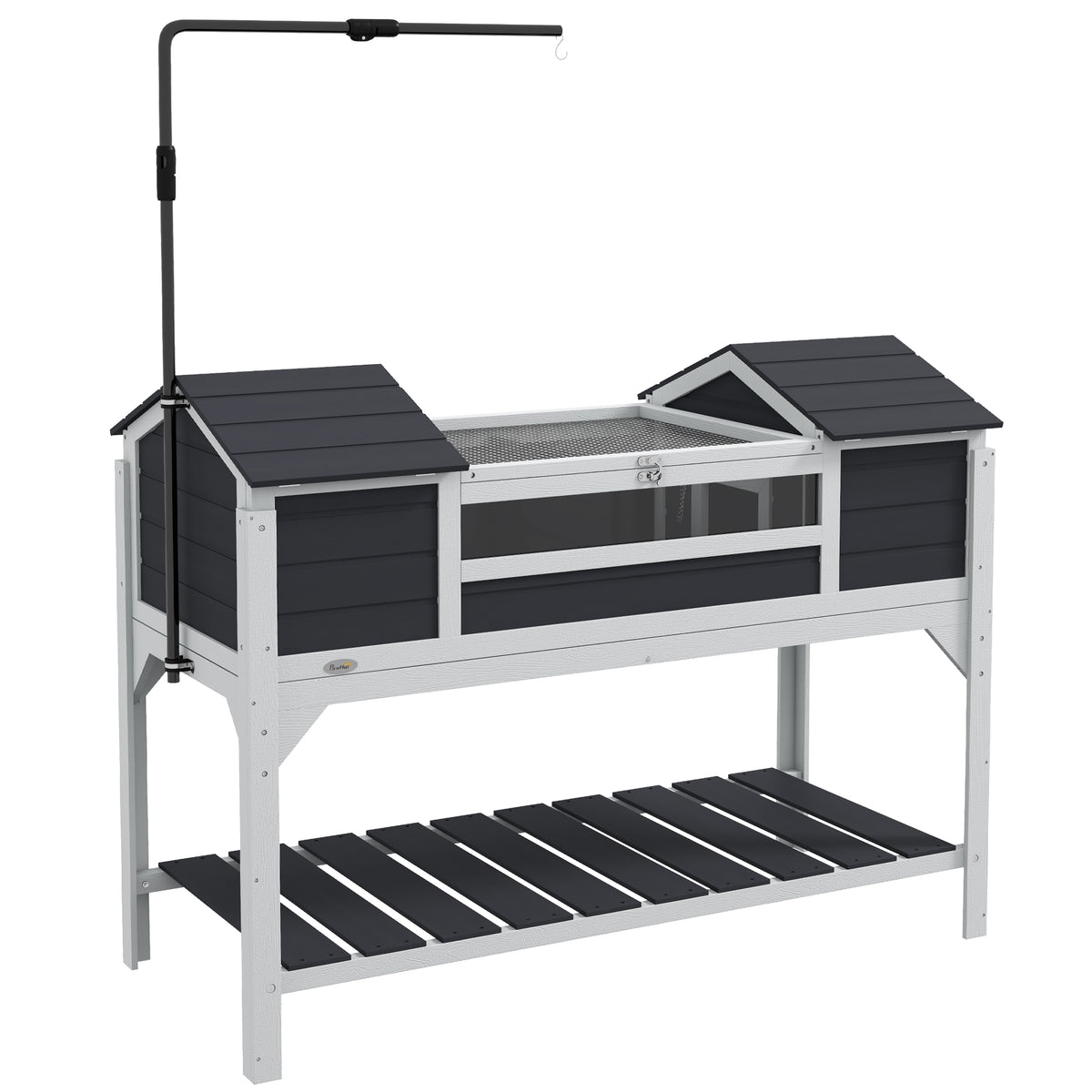 Kozy Wooden Tortoise Enclosure w/ Adjustable Lamp Holder, Openable Lid, Dual Main Houses, Storage Shelf, Fixed Tray - Grey