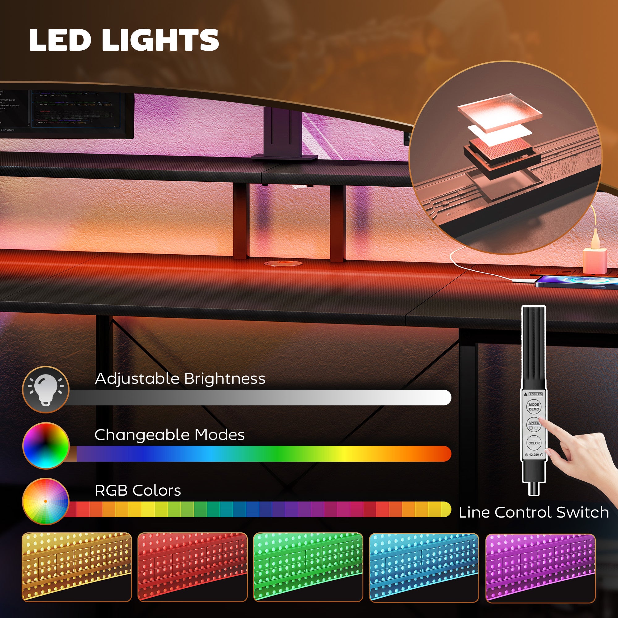 Kozy - LED Computer Desk, with Power Outlets and Shelves - Carbon Fibre Grey