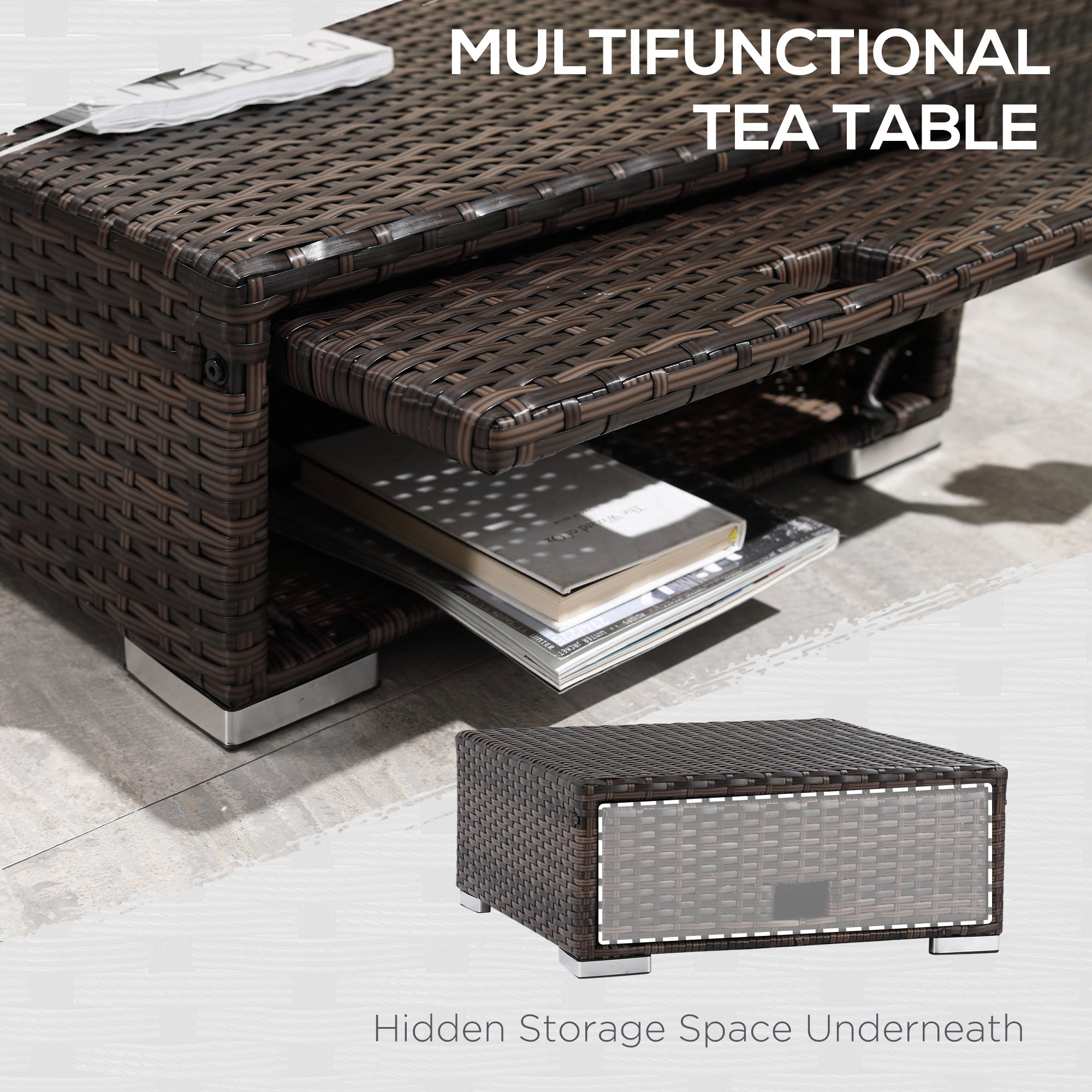 Kozy 3 Pieces Rattan Garden Furniture Sofa Set, 4 Seater Garden Corner Sofa with 5-Level Reclining Sun Lounger and Storage Coffee Table, Outdoor Furniture Conservatory Set with Cushions, Brown