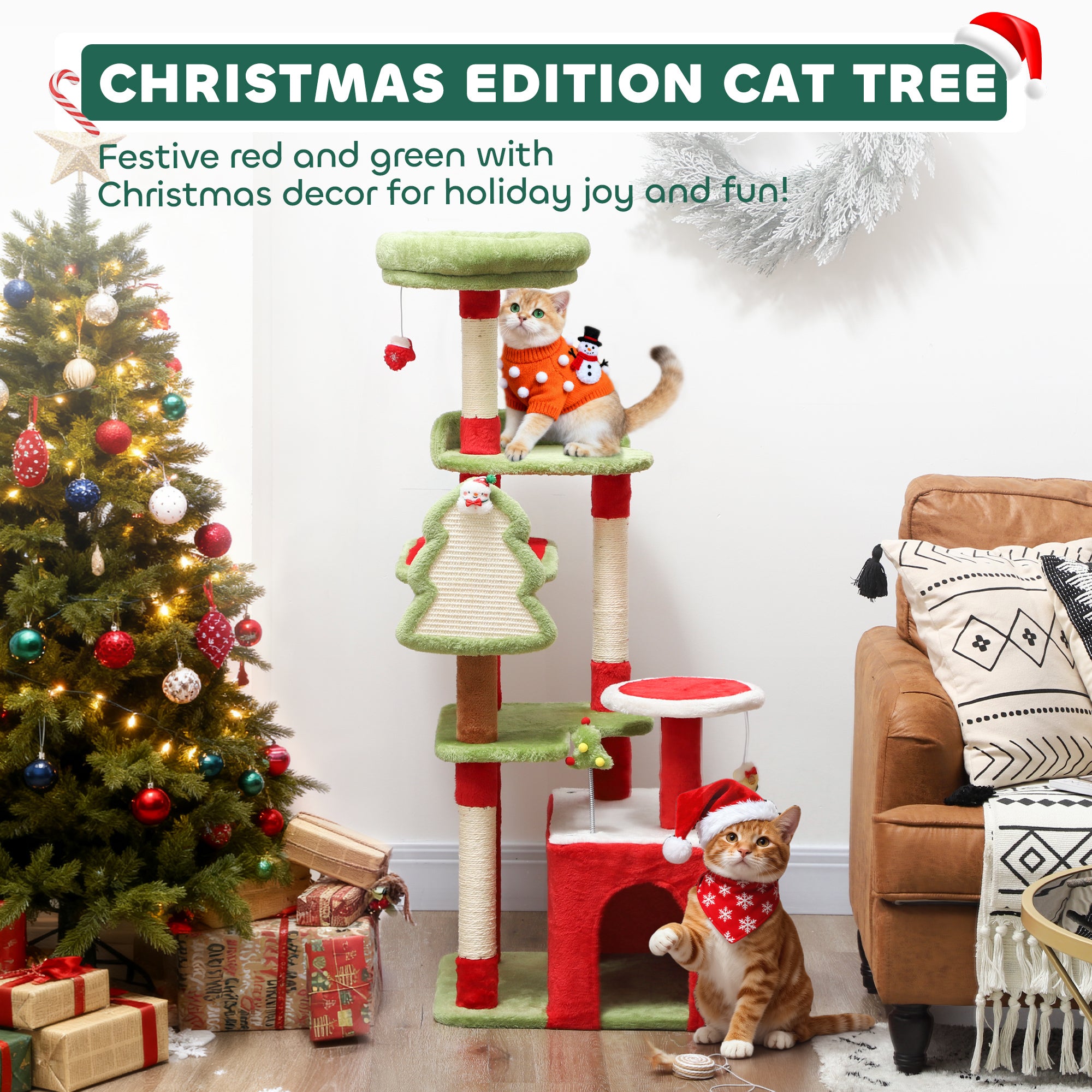 Kozy Cat Tree, 120cm Christmas Cat Tower with 3 Scratching Posts, Scratching Board, 2 Perches, Platforms, Toys, Green