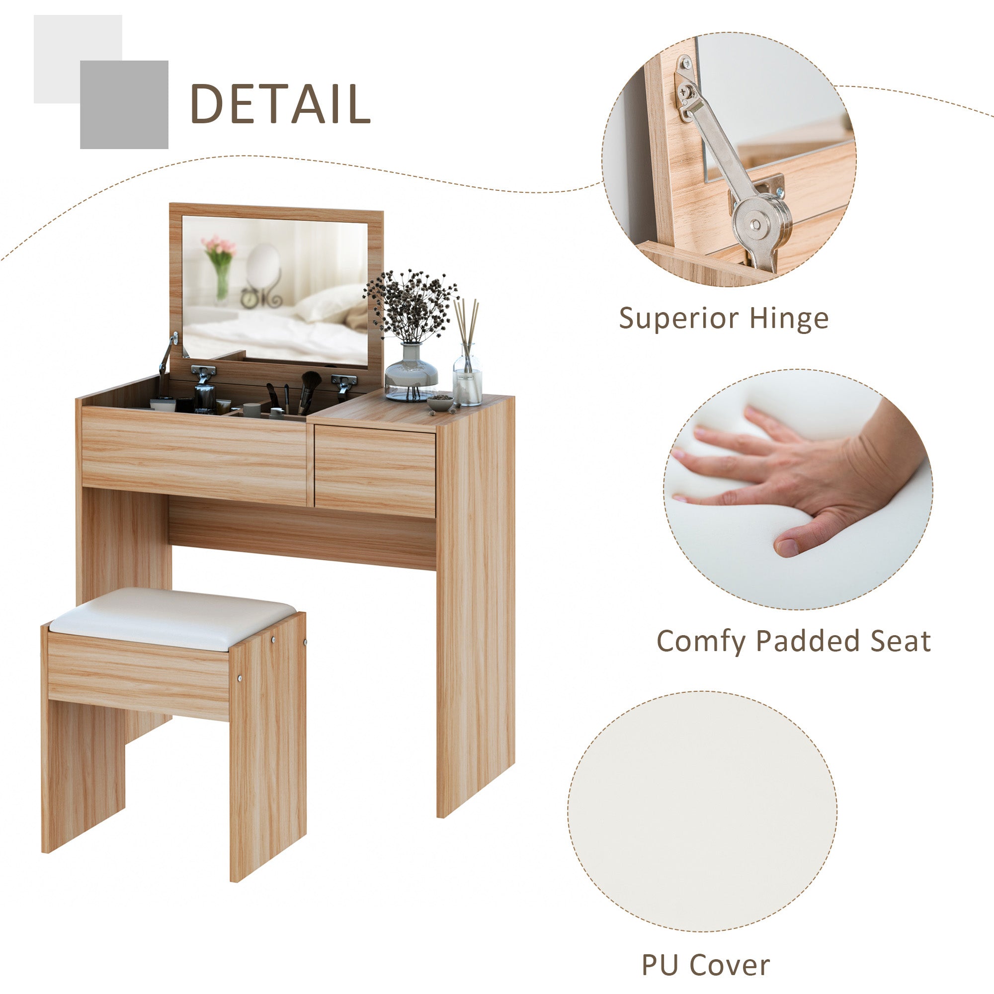 Kozy Dressing Table with Flip-Up Mirror and Cushioned Stool, Makeup Vanity Desk with Hidden Compartments and Storage Drawer, Convertible Writing Table for Bedroom, Natural