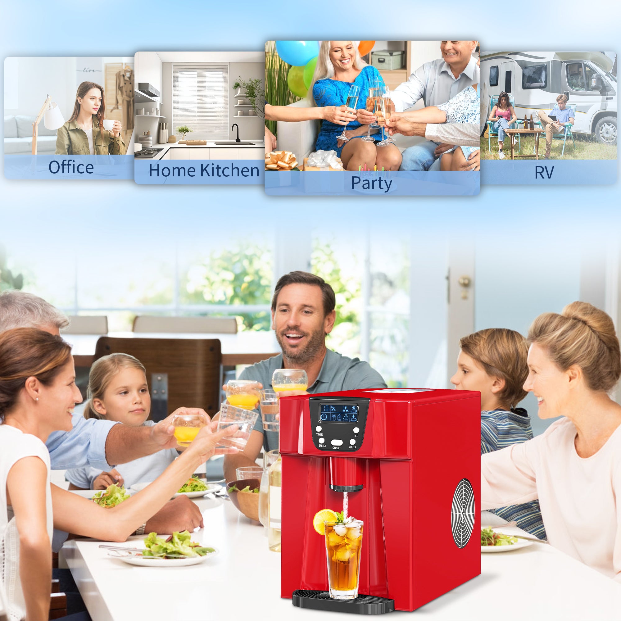 Kozy - 3L Ice Maker Machine and Water Dispenser, 12kg in 24H, 2 Sizes 9 Ice Cubes Ready in 6-10 Mins Ice Machine, Red