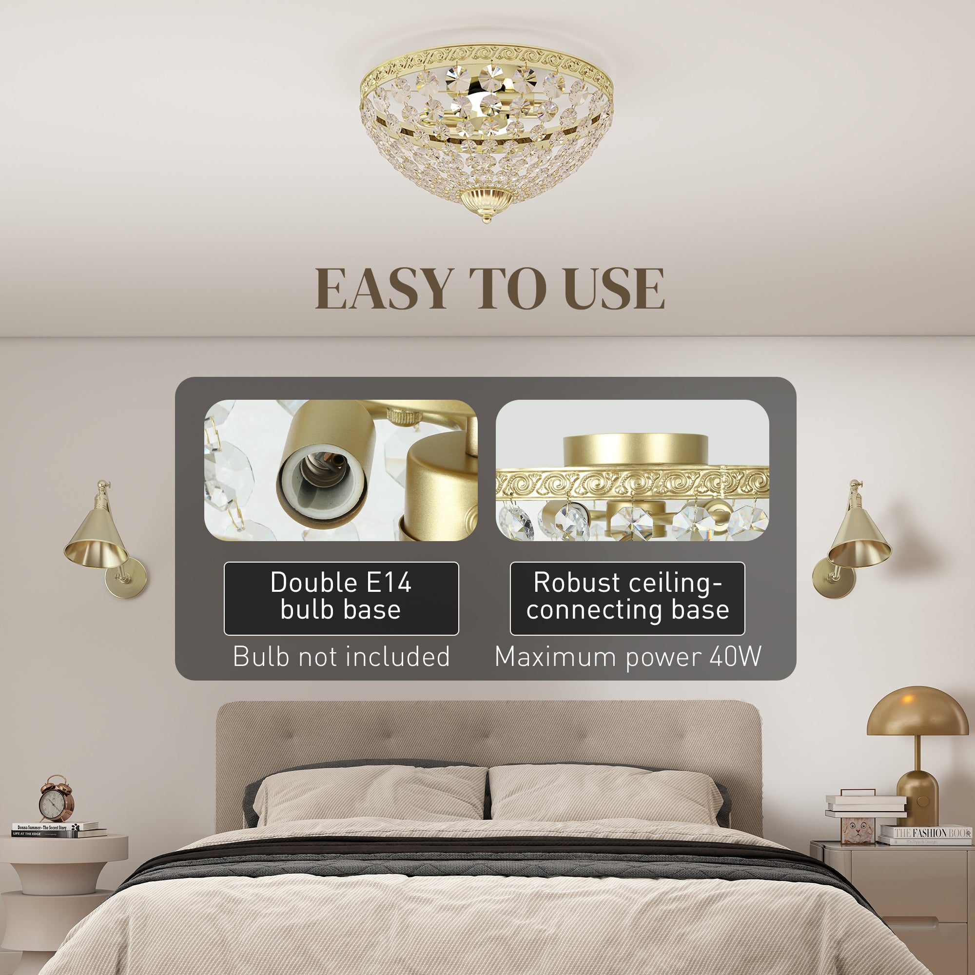 Kozy Crystal Chandelier Ceiling Light with 168 Octagonal Beads, Vintage 2-Light Flush Mount Ceiling Light for Living Room, Bedroom, Hallway, Dining Room, Gold Tone