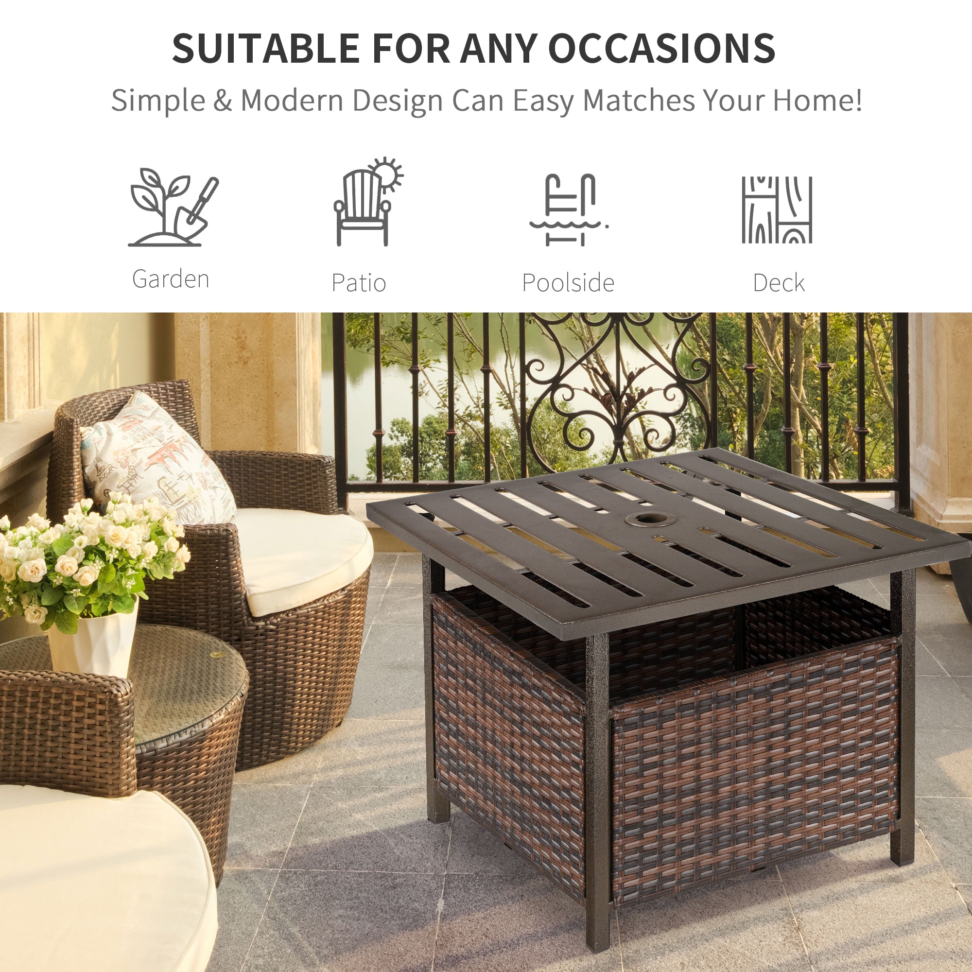 Kozy Rattan Garden Coffee Table, 55.5 cm Square Wicker Patio Side Coffee Table with 4 cm Umbrella Hole, Metal Bottom and Slatted Top for Outdoor, Balcony, Brown