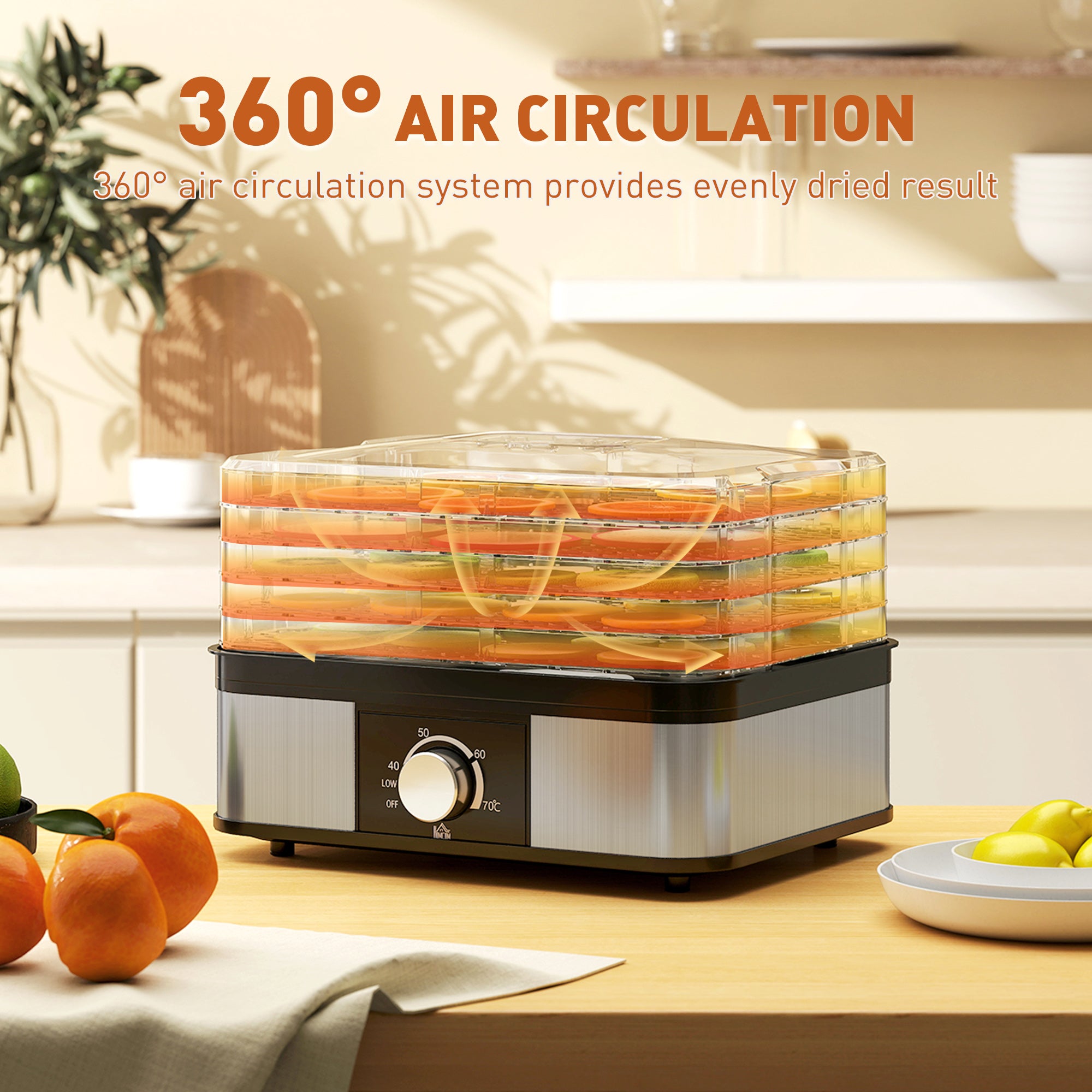 Kozy - 5 Tier Food Dehydrator, 245W Stainless Steel Food Dryer Machine with Adjustable Temperature for Drying Fruit, Meat, Vegetable, Jerky and Pet Treat, Black