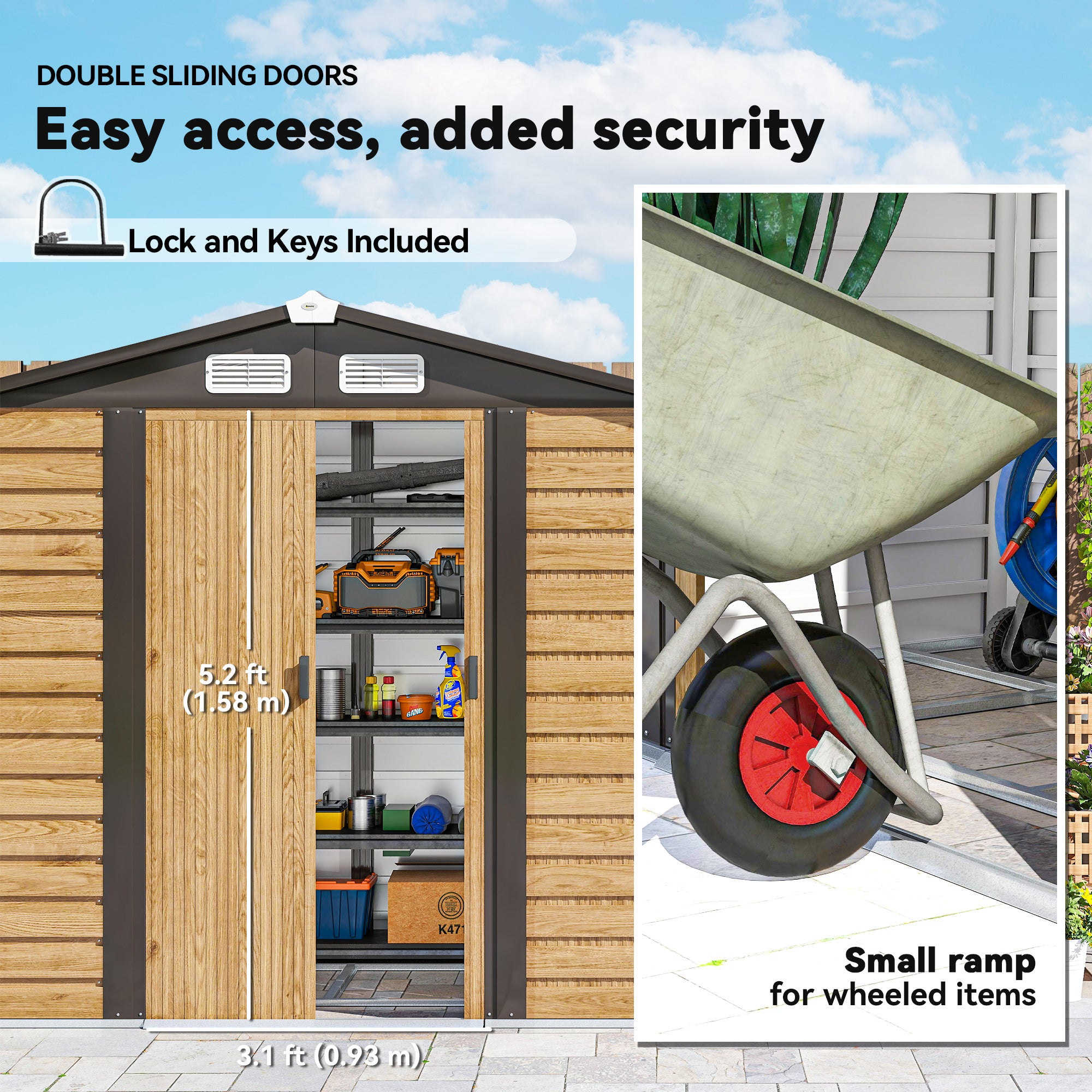 Kozy - 7 x 4ft Garden Shed, Easy to Assemble, Upgraded Galvanised Steel Frame with Foundation Kit, Double Doors with Lock, Outdoor Metal Shed with Vents and Gloves, Garden Storage Shed, Natural