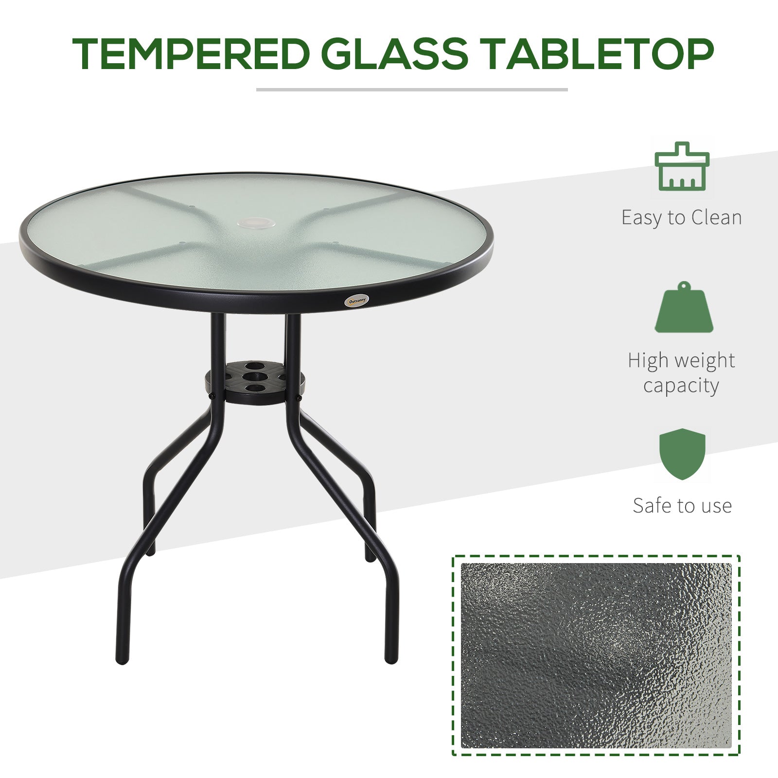 Kozy 80 cm Round Garden Dining Table with Parasol Hole for 4, Outdoor Coffee Bistro End Side Table with Tempered Glass Top and Steel Frame for Patio, Porch, Black