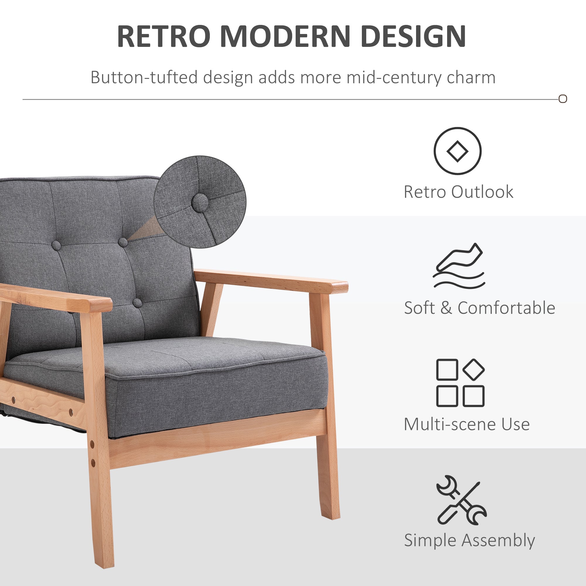 HOMCOM Minimalistic Wooden Frame Accent Chair, HOMCOM Armchair with Padded Seat - Dark Grey | Aosom UK