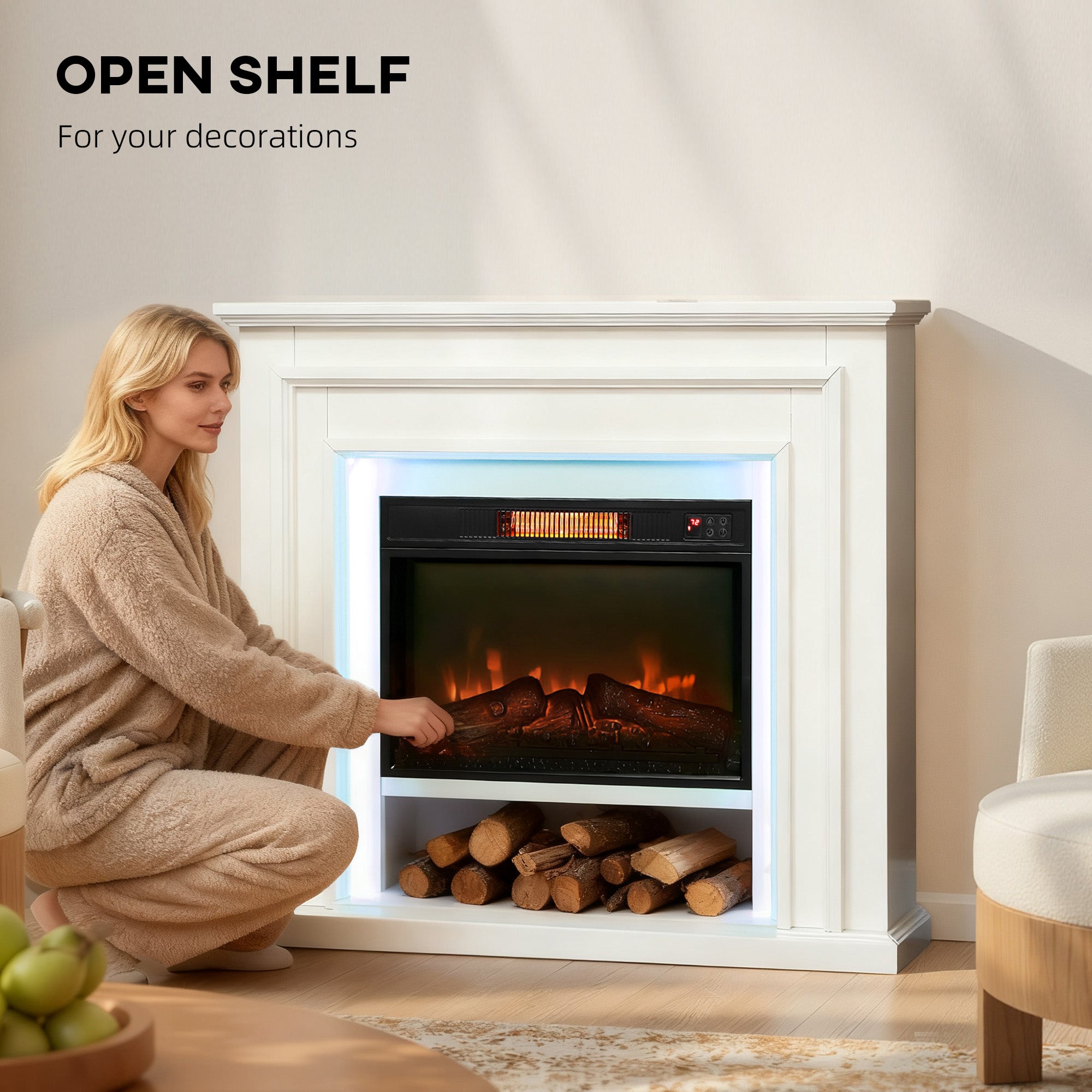 Kozy Electric Fireplace with Surround, LED Lights, 38" 1800W Inset Electric Fire and Mantel Reach up to 30 m² with Realistic Flame Effect & 3 Brightness, Remote & Timer for Living Room, White